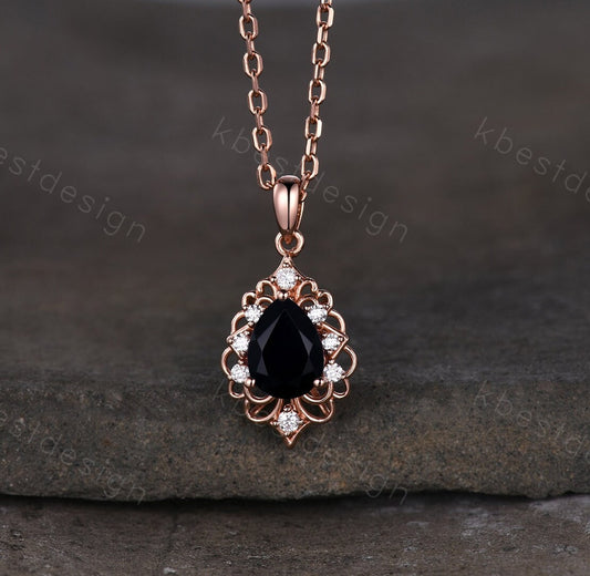Vintage 1.5CT Black Onyx Necklace, Rose Gold Pear cut Black Onyx Pendant, Black Gemstone Jewelry, Unique Art Deco Bridal Promise Gift