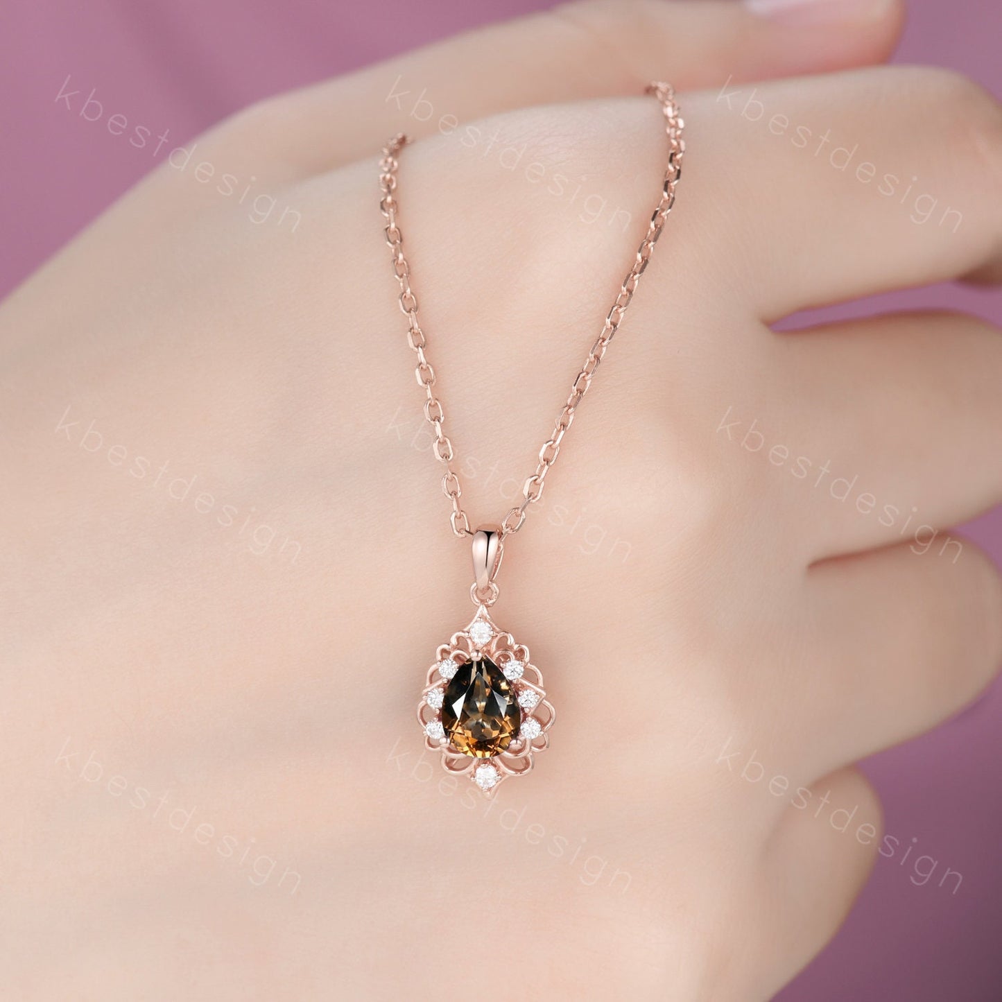 Vintage Smoky Quartz Necklace, Rose Gold Pear cut Brown Quartz Pendant, Natural Crystal Jewelry, Unique Art Deco Bridal Promise Gift