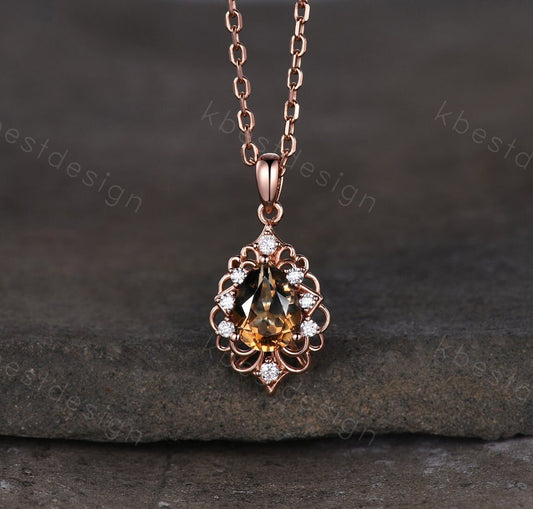 Vintage Smoky Quartz Necklace, Rose Gold Pear cut Brown Quartz Pendant, Natural Crystal Jewelry, Unique Art Deco Bridal Promise Gift