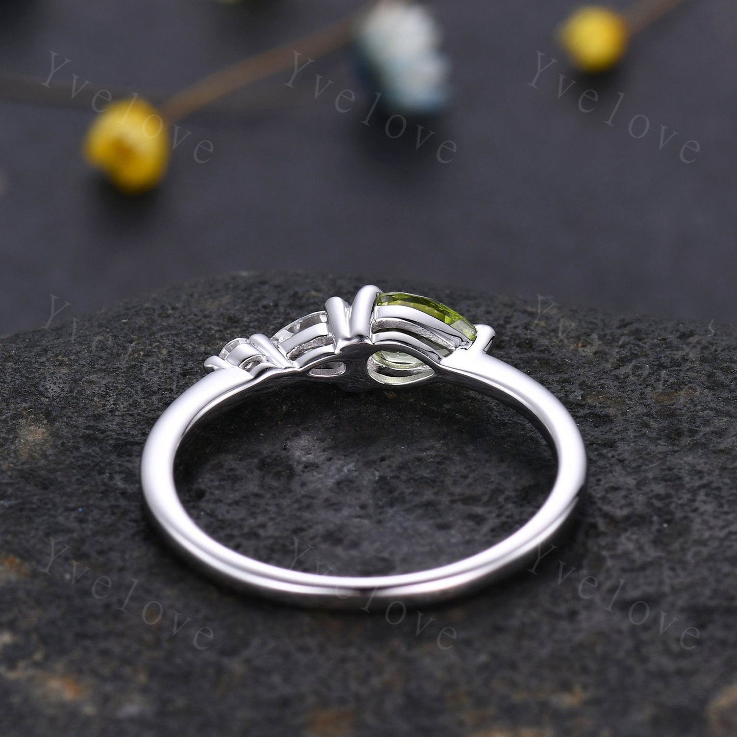 Vintage Peridot Ring Green Engagement Ring,Pear Cut Gems,Art Deco Moissanite Wedding Band,3 Stone Unique Women Bridal Promise Ring,Rose gold