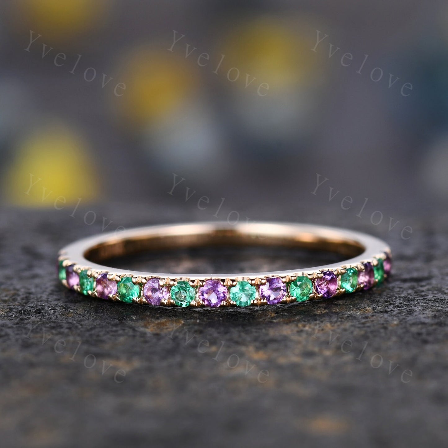 Amethyst emerald band art deco amethyst ring 14k rose gold emerald stacking matching band May birthstone gift promise bridal ring custom