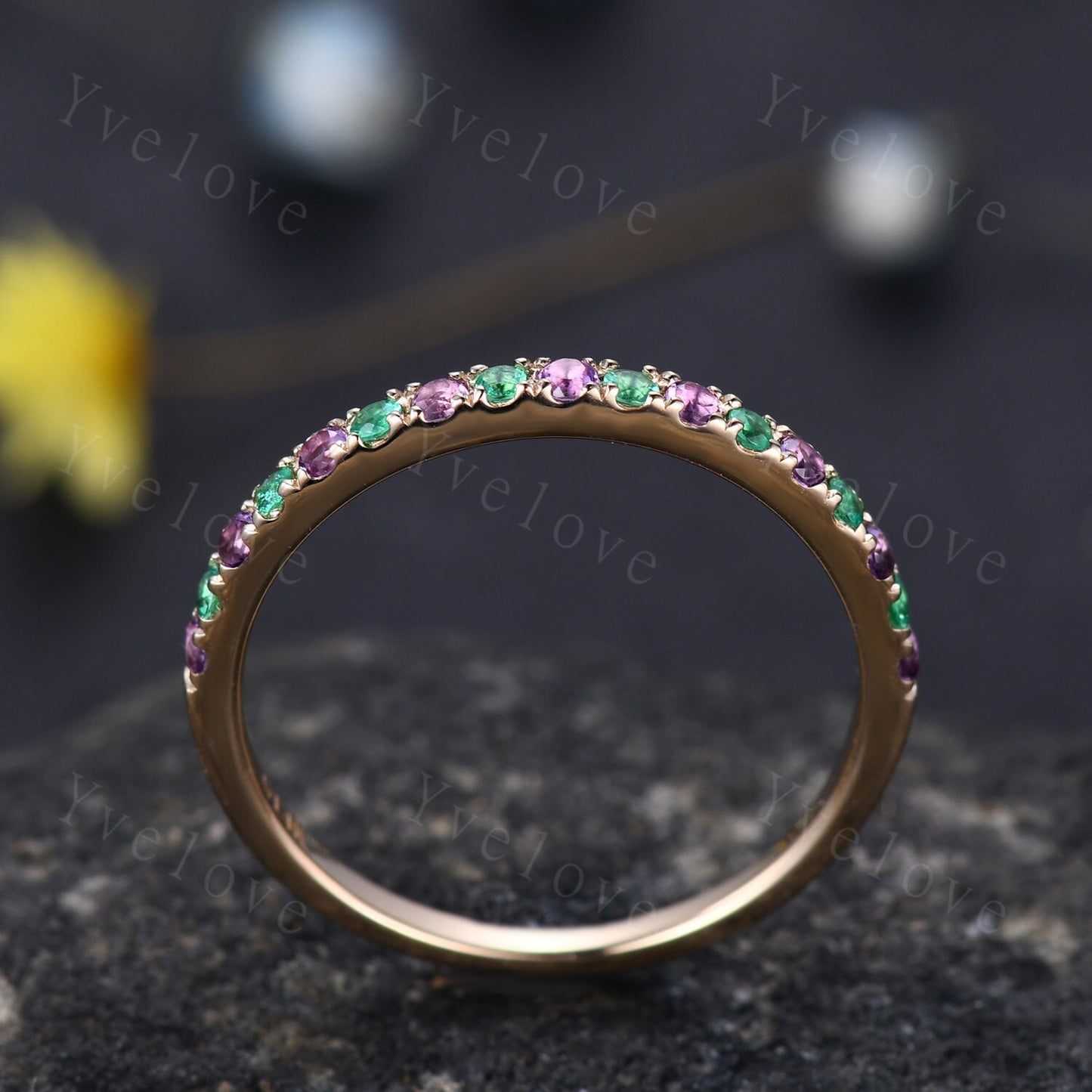 Amethyst emerald band art deco amethyst ring 14k rose gold emerald stacking matching band May birthstone gift promise bridal ring custom