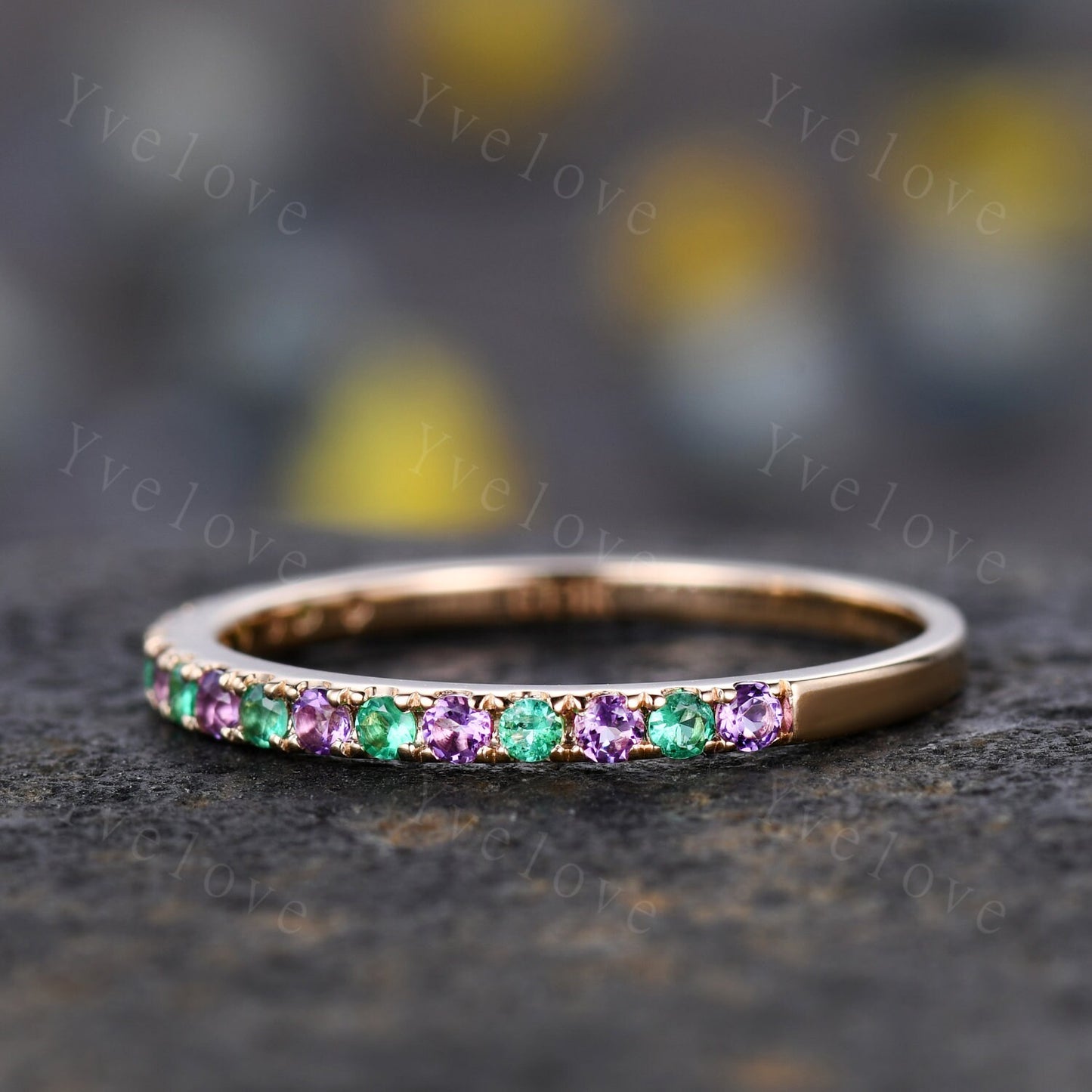 Amethyst emerald band art deco amethyst ring 14k rose gold emerald stacking matching band May birthstone gift promise bridal ring custom