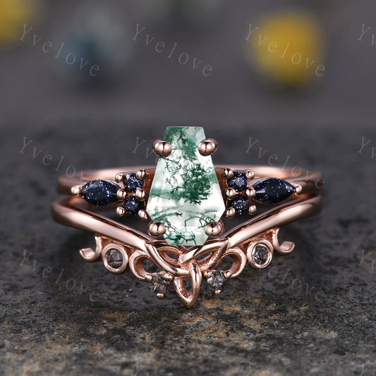 Vintage coffin moss agate engagement ring set sandstone and black quartz gems rose gold matching band promise ring unique wedding ring set