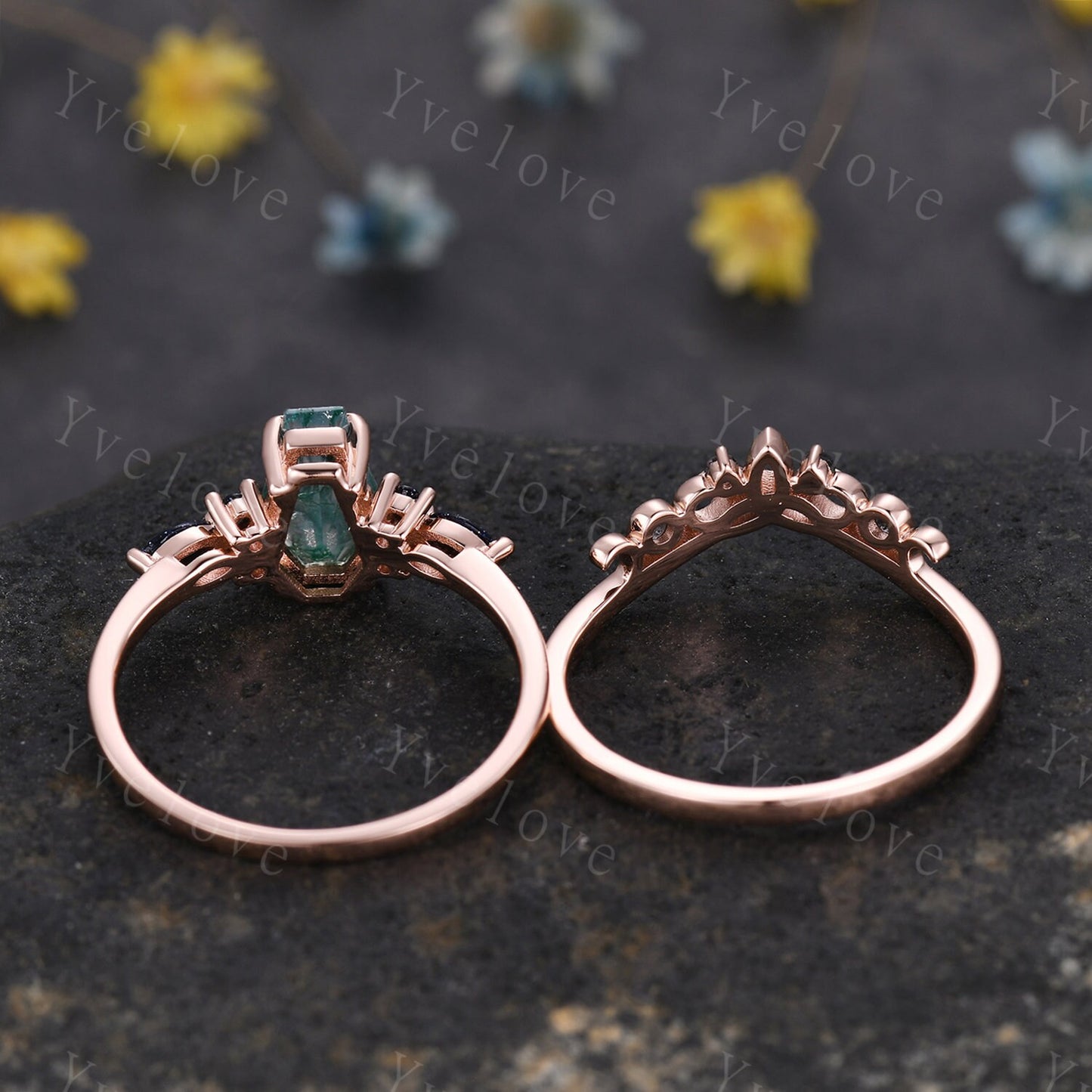 Vintage coffin moss agate engagement ring set sandstone and black quartz gems rose gold matching band promise ring unique wedding ring set