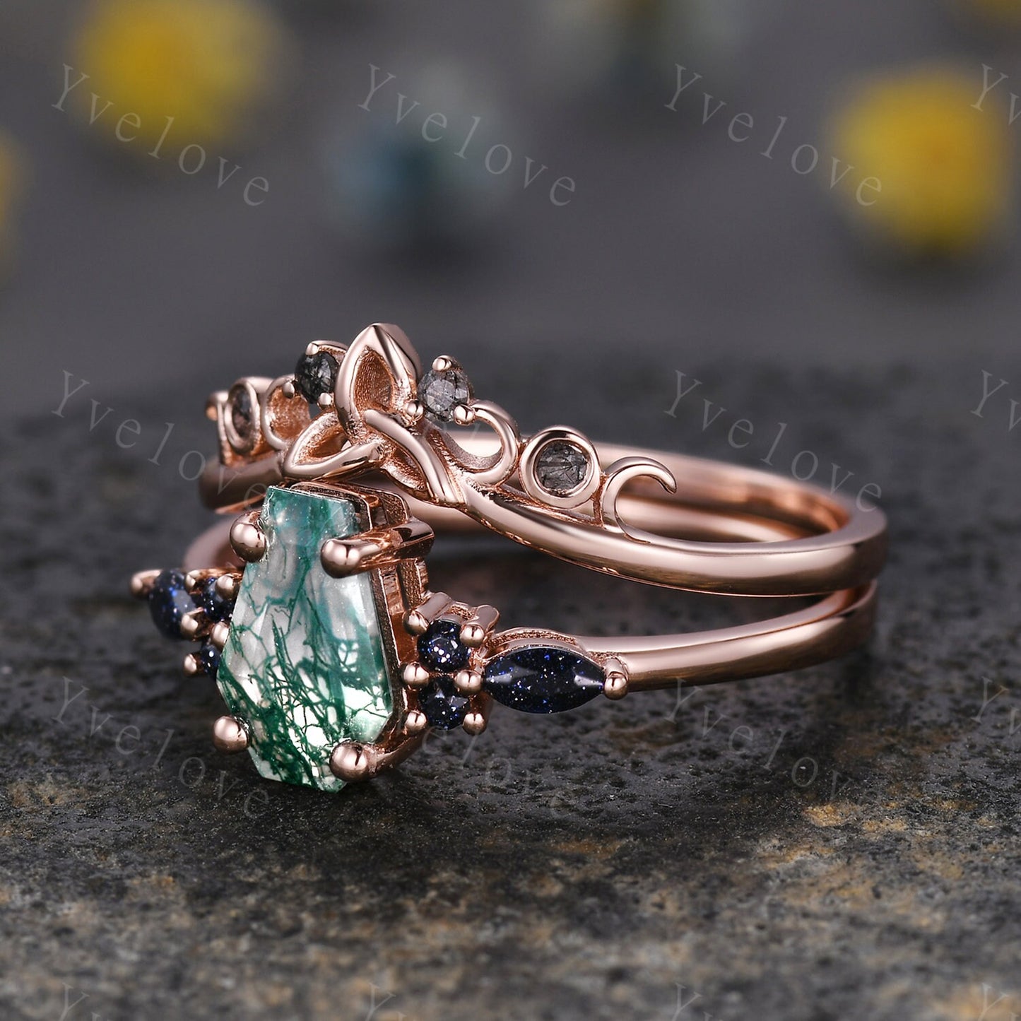 Vintage coffin moss agate engagement ring set sandstone and black quartz gems rose gold matching band promise ring unique wedding ring set