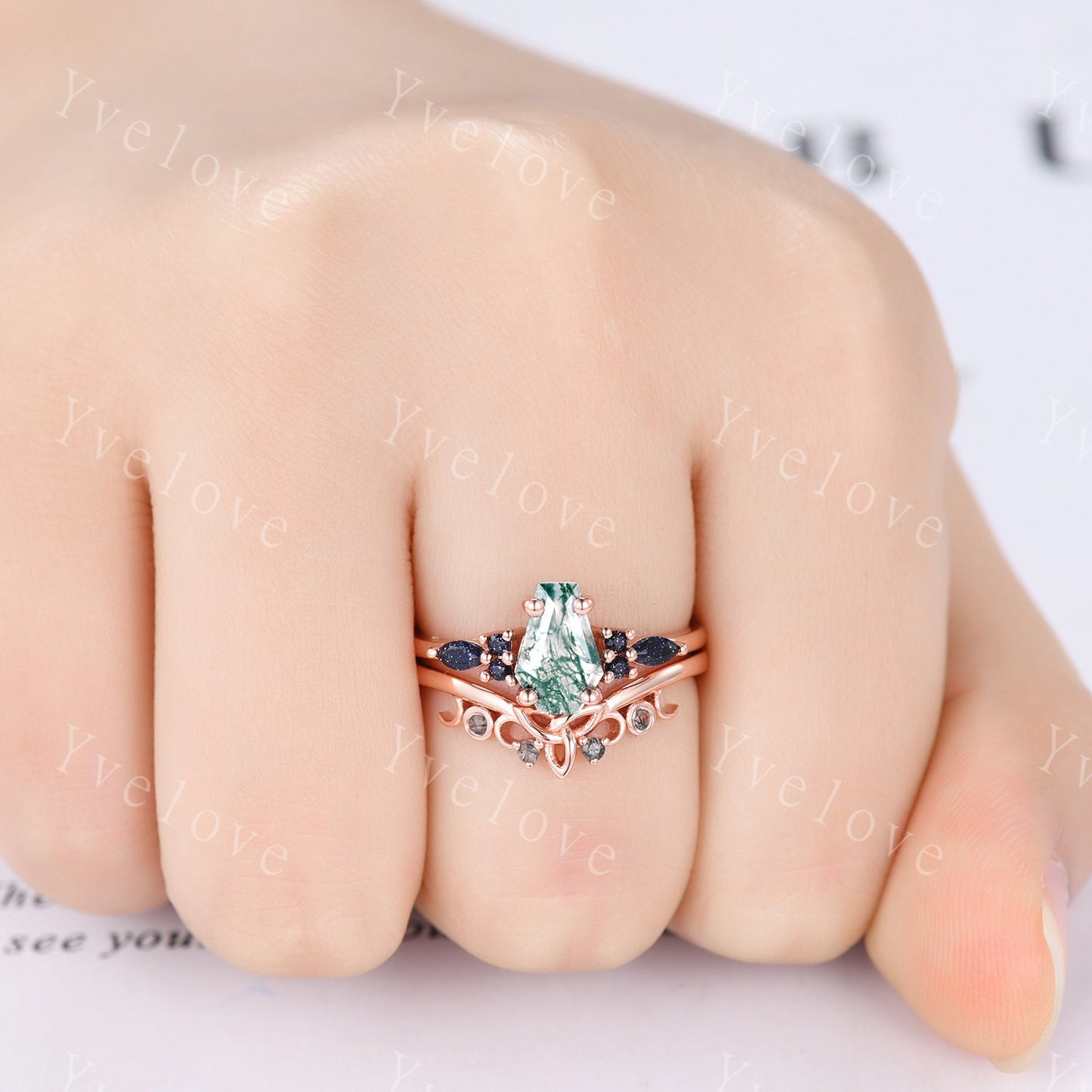 Vintage coffin moss agate engagement ring set sandstone and black quartz gems rose gold matching band promise ring unique wedding ring set