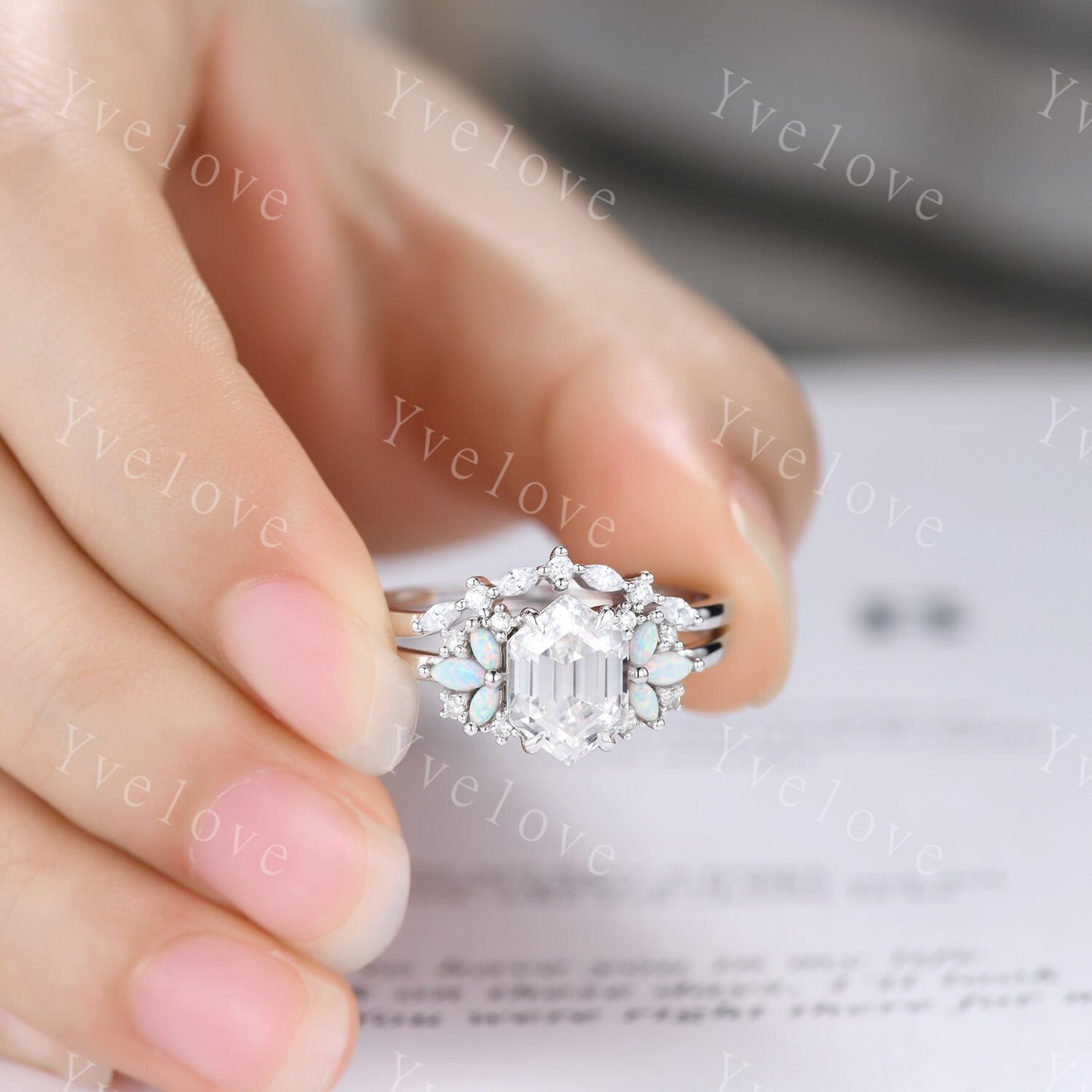Vintage Hexagon Moissanite Opal engagement ring set,Unique Marquise Opal wedding band,Sterling silver Ring Set,Women Bridal Matching Band