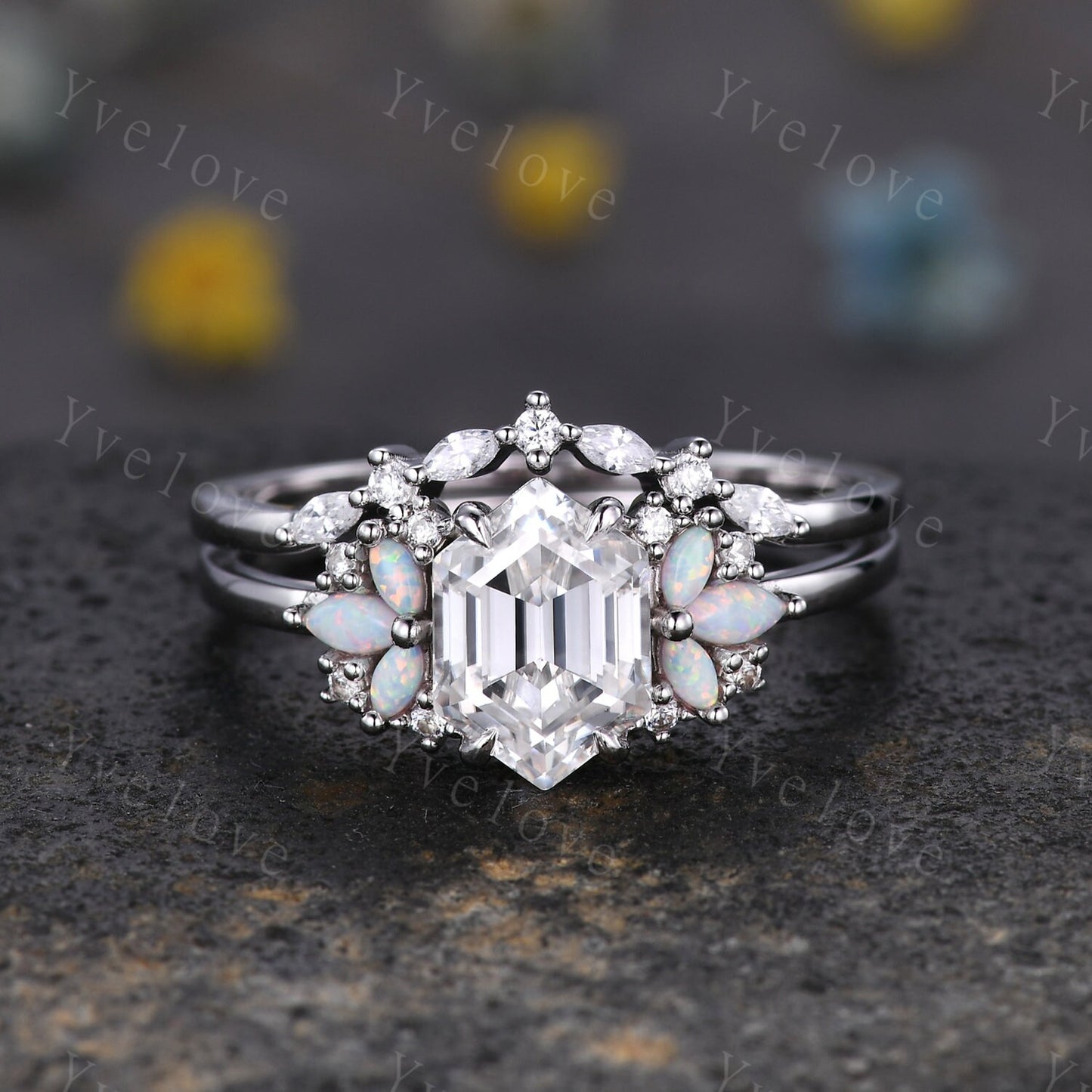 Vintage Hexagon Moissanite Opal engagement ring set,Unique Marquise Opal wedding band,Sterling silver Ring Set,Women Bridal Matching Band