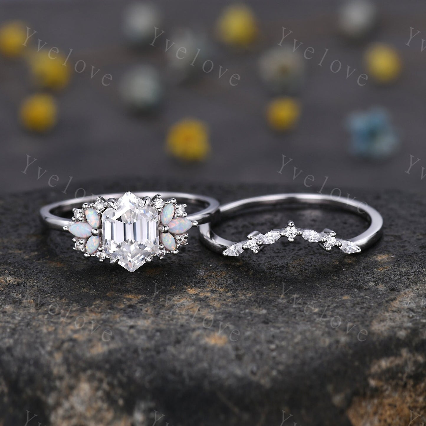 Vintage Hexagon Moissanite Opal engagement ring set,Unique Marquise Opal wedding band,Sterling silver Ring Set,Women Bridal Matching Band
