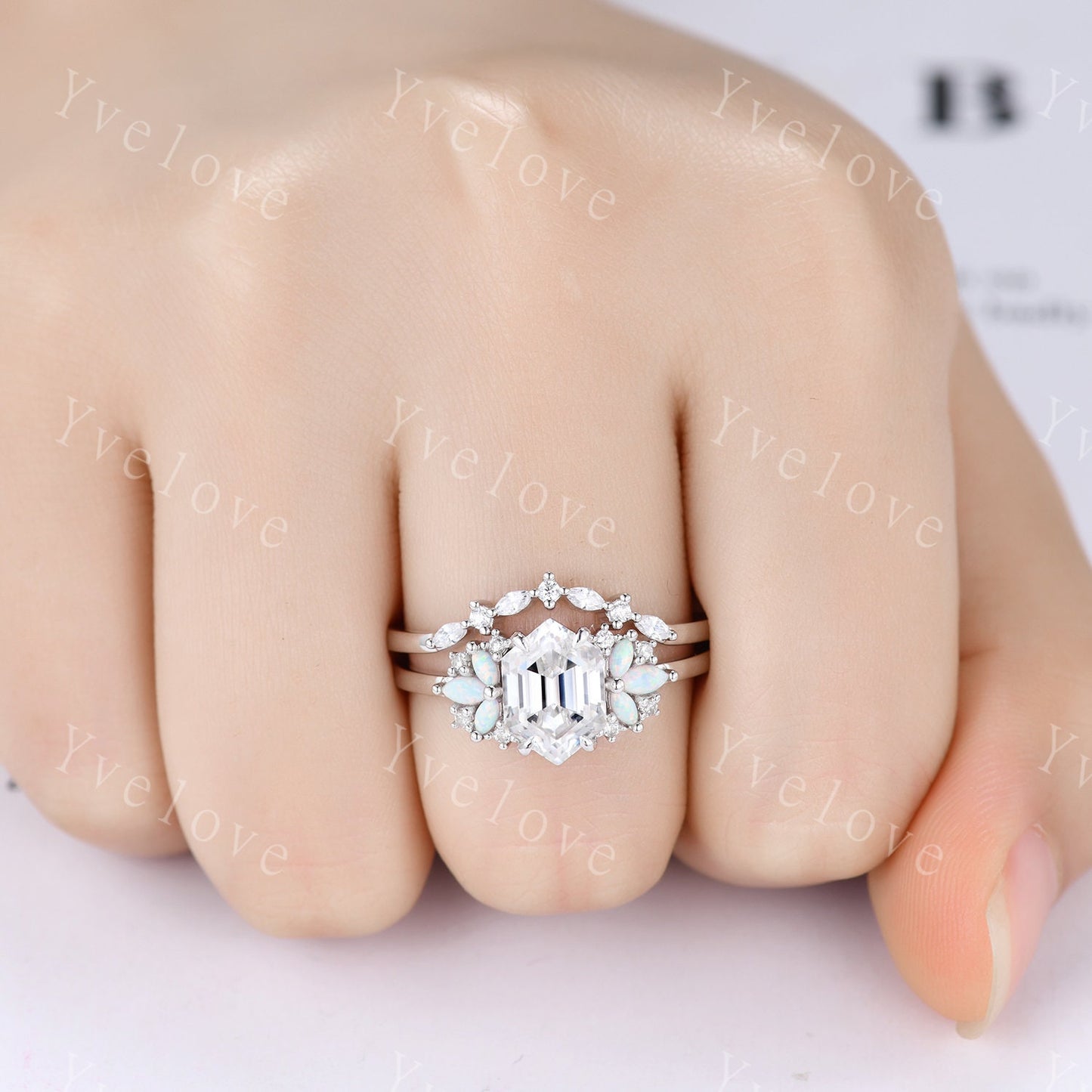 Vintage Hexagon Moissanite Opal engagement ring set,Unique Marquise Opal wedding band,Sterling silver Ring Set,Women Bridal Matching Band