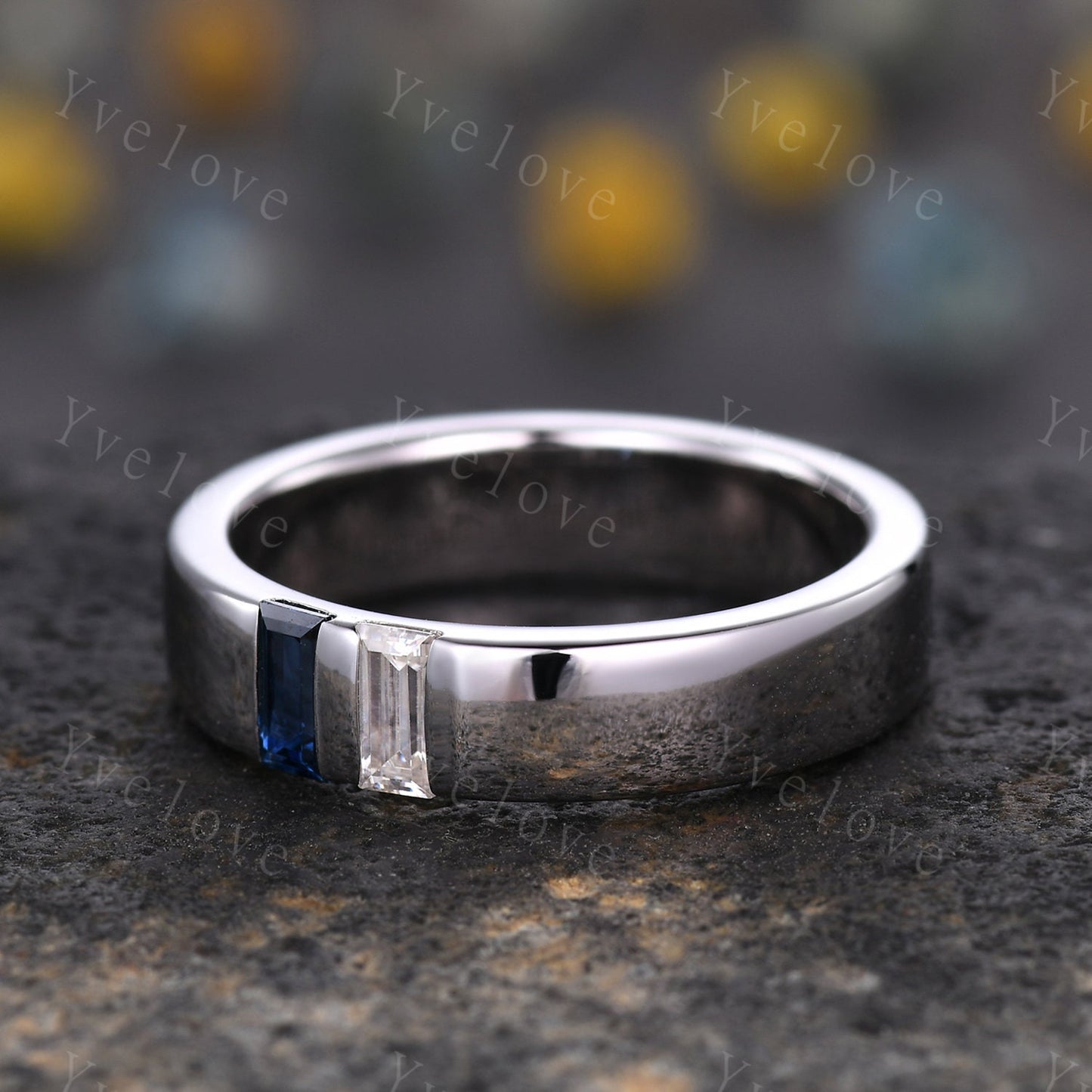 5mm Mens Sapphire Moissanite Wedding Band,Two Baguette Cut Gems,Mens Ring,September Birthstone Ring,Handmade Gift For Him,925 Silver Ring