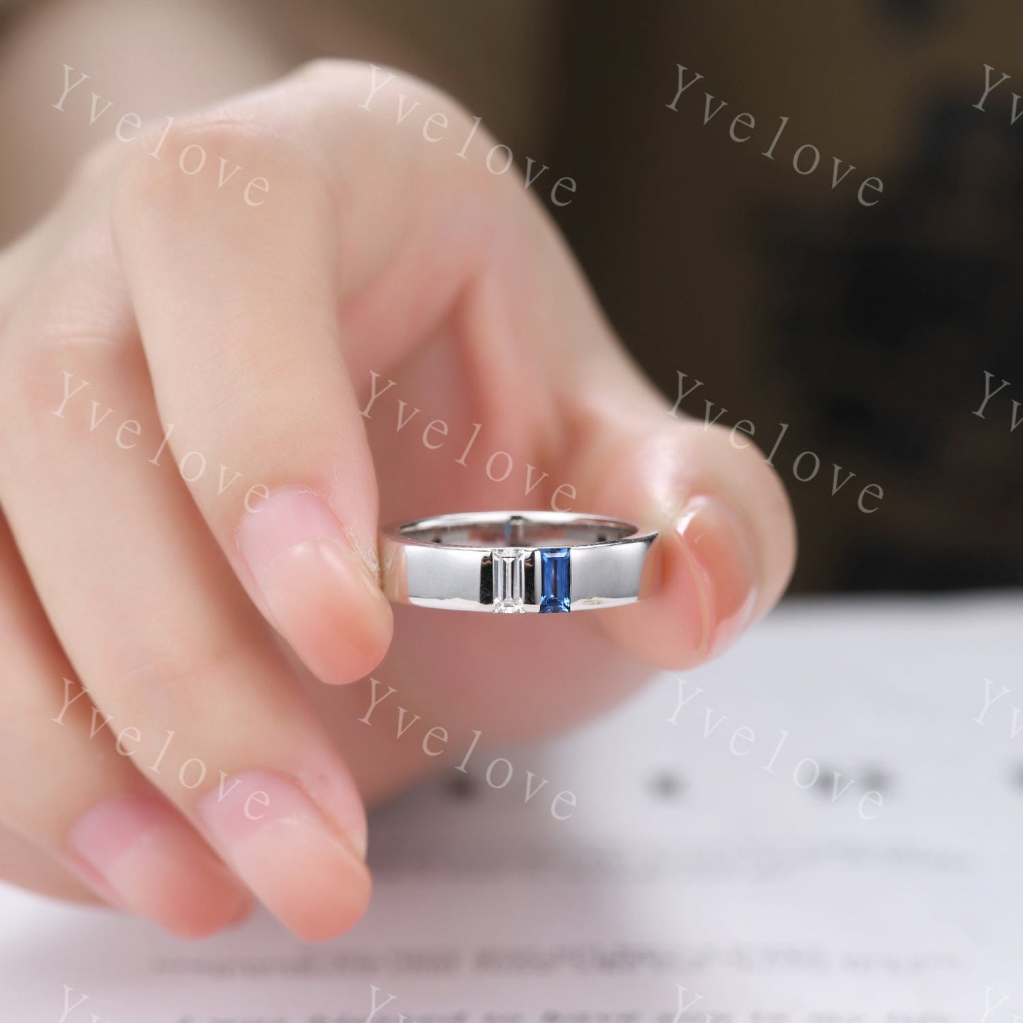 5mm Mens Sapphire Moissanite Wedding Band,Two Baguette Cut Gems,Mens Ring,September Birthstone Ring,Handmade Gift For Him,925 Silver Ring