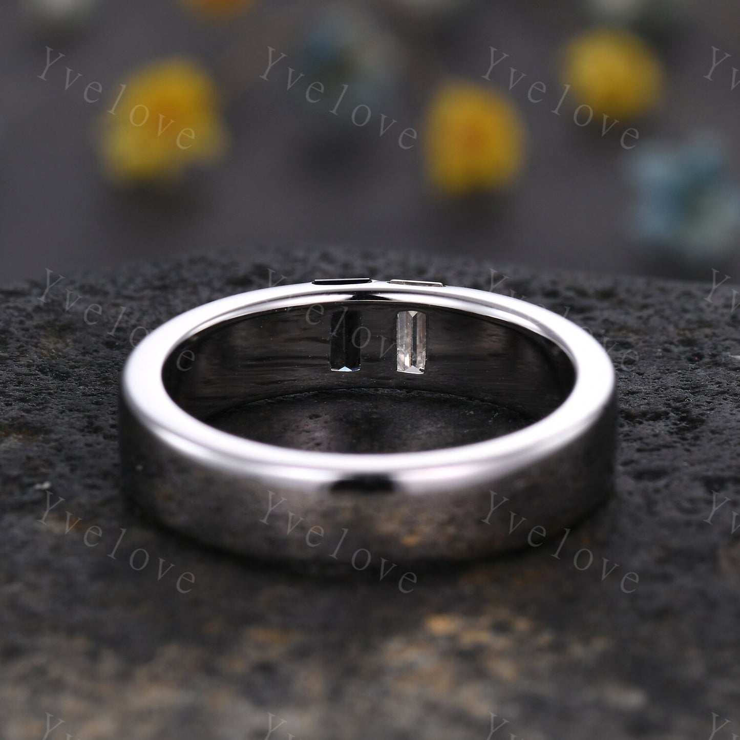 Payment plan for At's custom order, 6mm band with baguette sapphire and moissanite, shiny polished, 14k white gold, size 8. First payment.