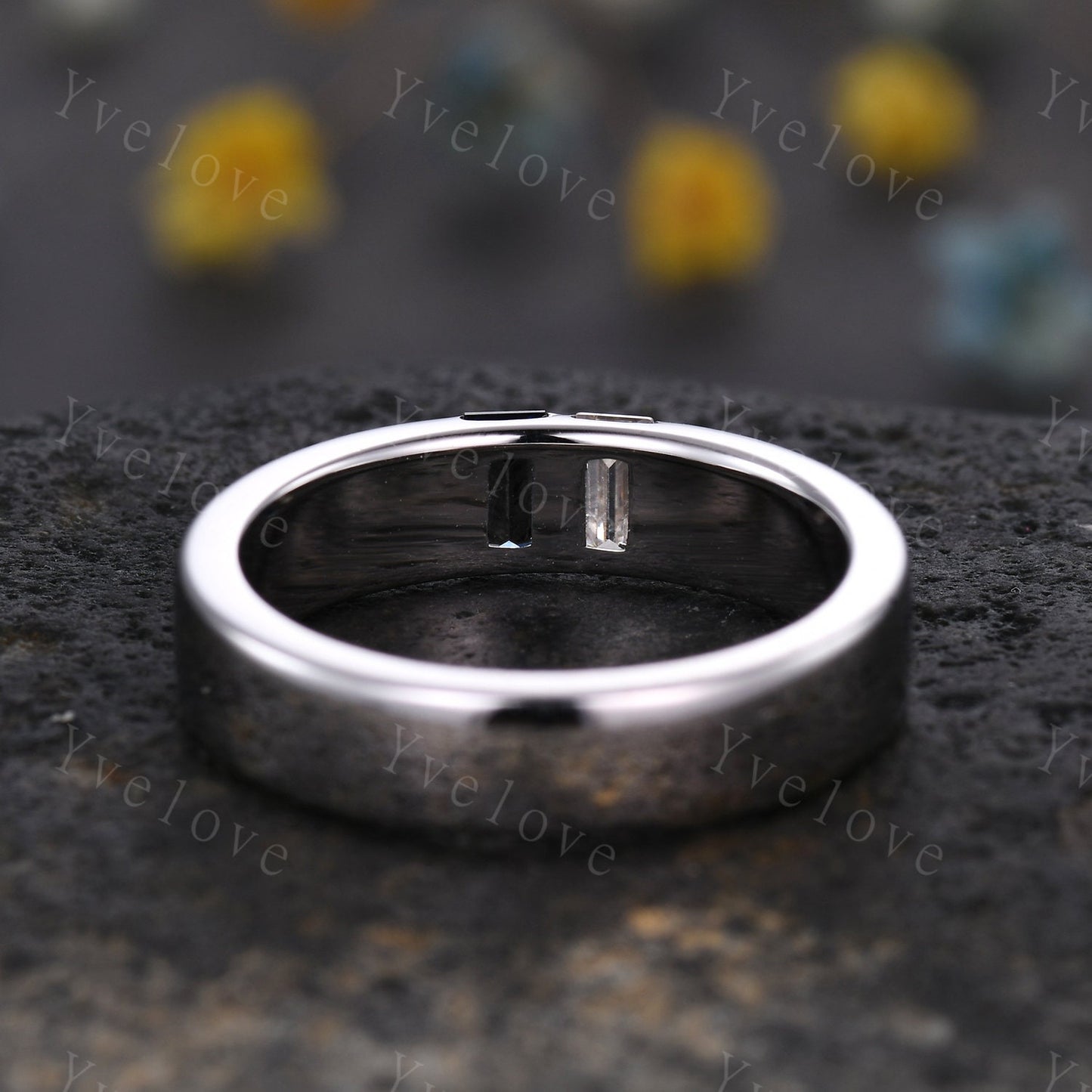 5mm Mens Sapphire Moissanite Wedding Band,Two Baguette Cut Gems,Mens Ring,September Birthstone Ring,Handmade Gift For Him,925 Silver Ring