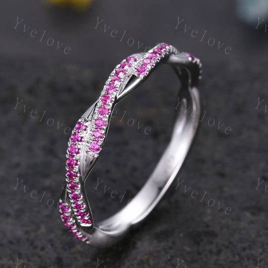 Natural ruby ring,red ruby wedding band twisted shape eternity ring 14k white gold engagement ring stacking matching band Valentine gift