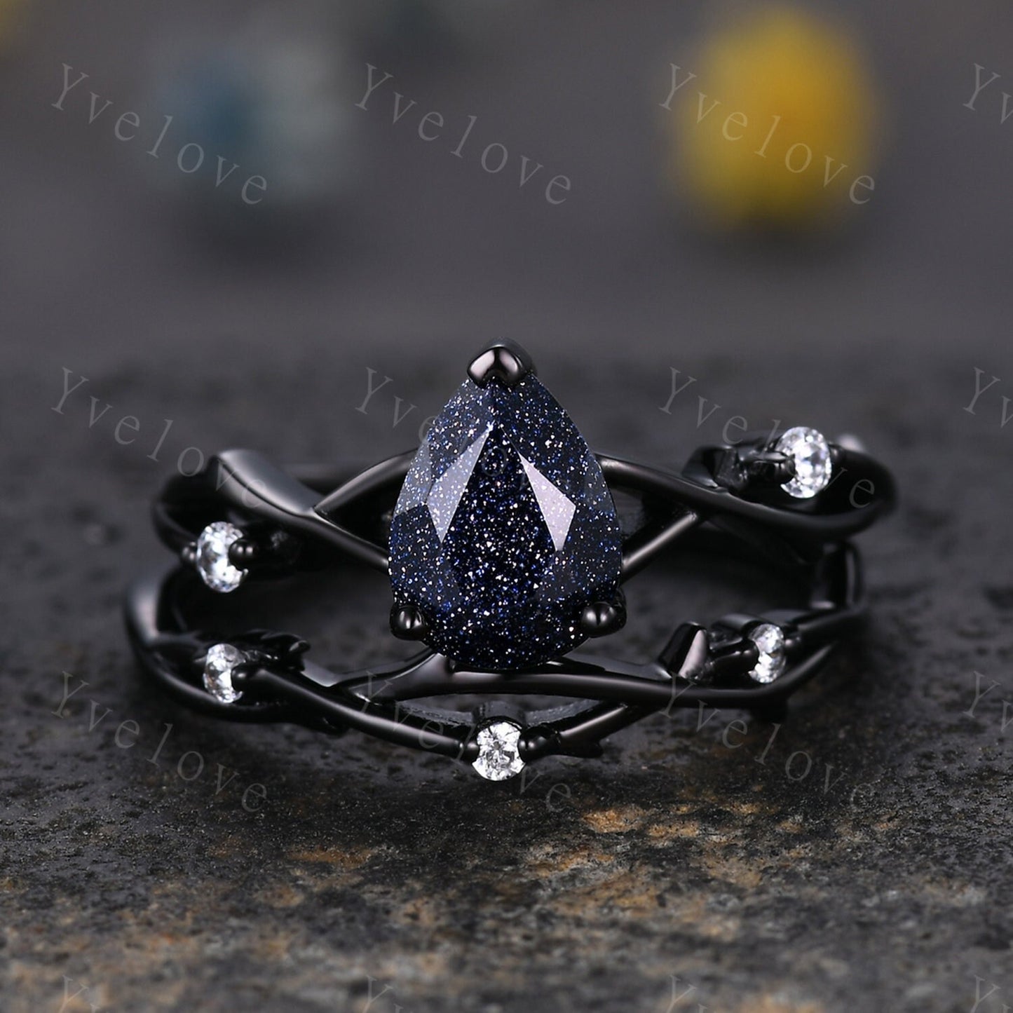 Unique Pear Blue Sandstone Engagement Ring Set,Galaxy Ring,Black Silver Ring,Outer Space Ring,Branch Twig Diamond Promise Ring Bridal Set