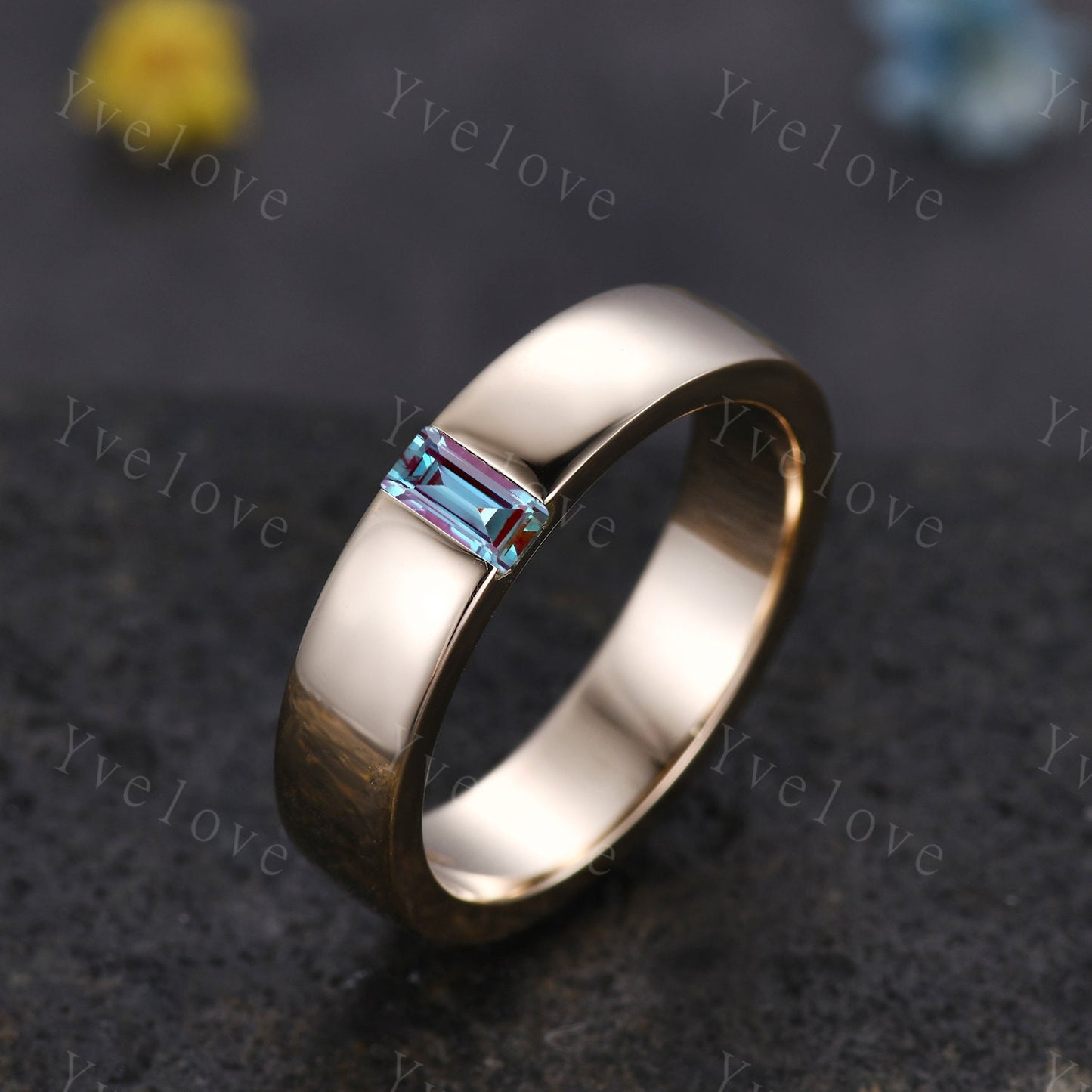Mens Alexandrite Wedding Band Baguette Shaped Alexandrite Band 5mm Solid White Gold Ring Mens Stacking Matching Band Retro Vintage Ring Gift