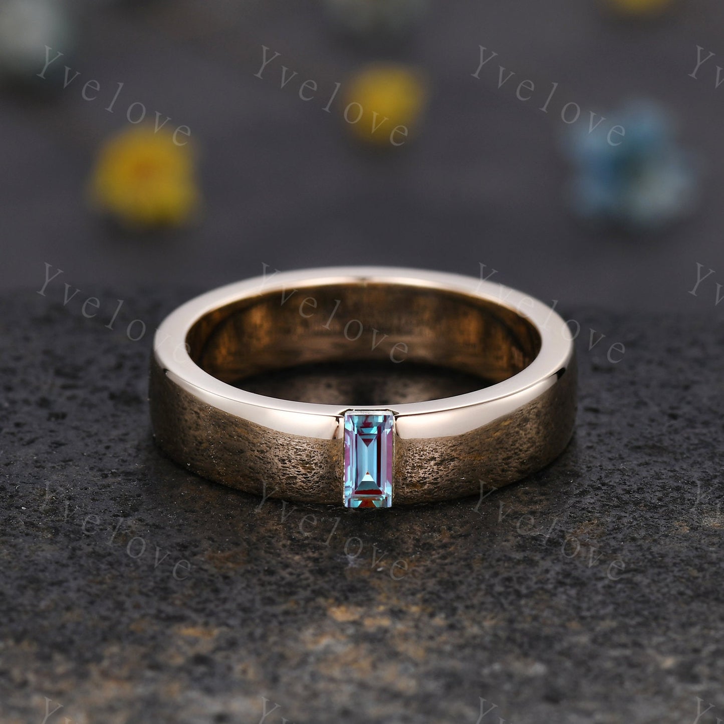 Mens Alexandrite Wedding Band Baguette Shaped Alexandrite Band 5mm Solid White Gold Ring Mens Stacking Matching Band Retro Vintage Ring Gift