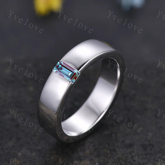 Mens Alexandrite Wedding Band Baguette Shaped Alexandrite Band 5mm Solid White Gold Ring Mens Stacking Matching Band Retro Vintage Ring Gift