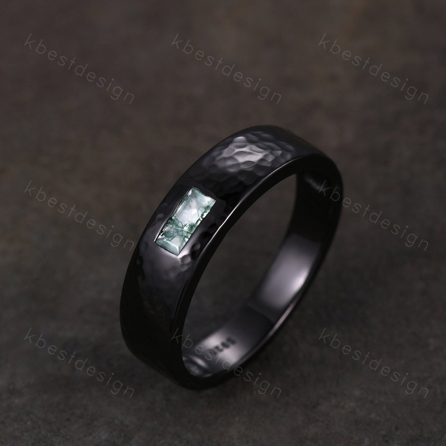 Mens Natural Moss agate Wedding Band 5mm Black Gold Band Baguette Cut Green Agate Band Men's Hammered Wedding Band Anniversary Gift for Him
