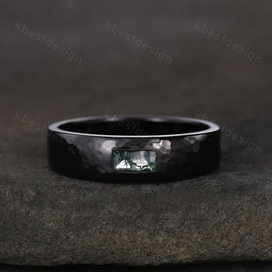 Mens Natural Moss agate Wedding Band 5mm Black Gold Band Baguette Cut Green Agate Band Men's Hammered Wedding Band Anniversary Gift for Him