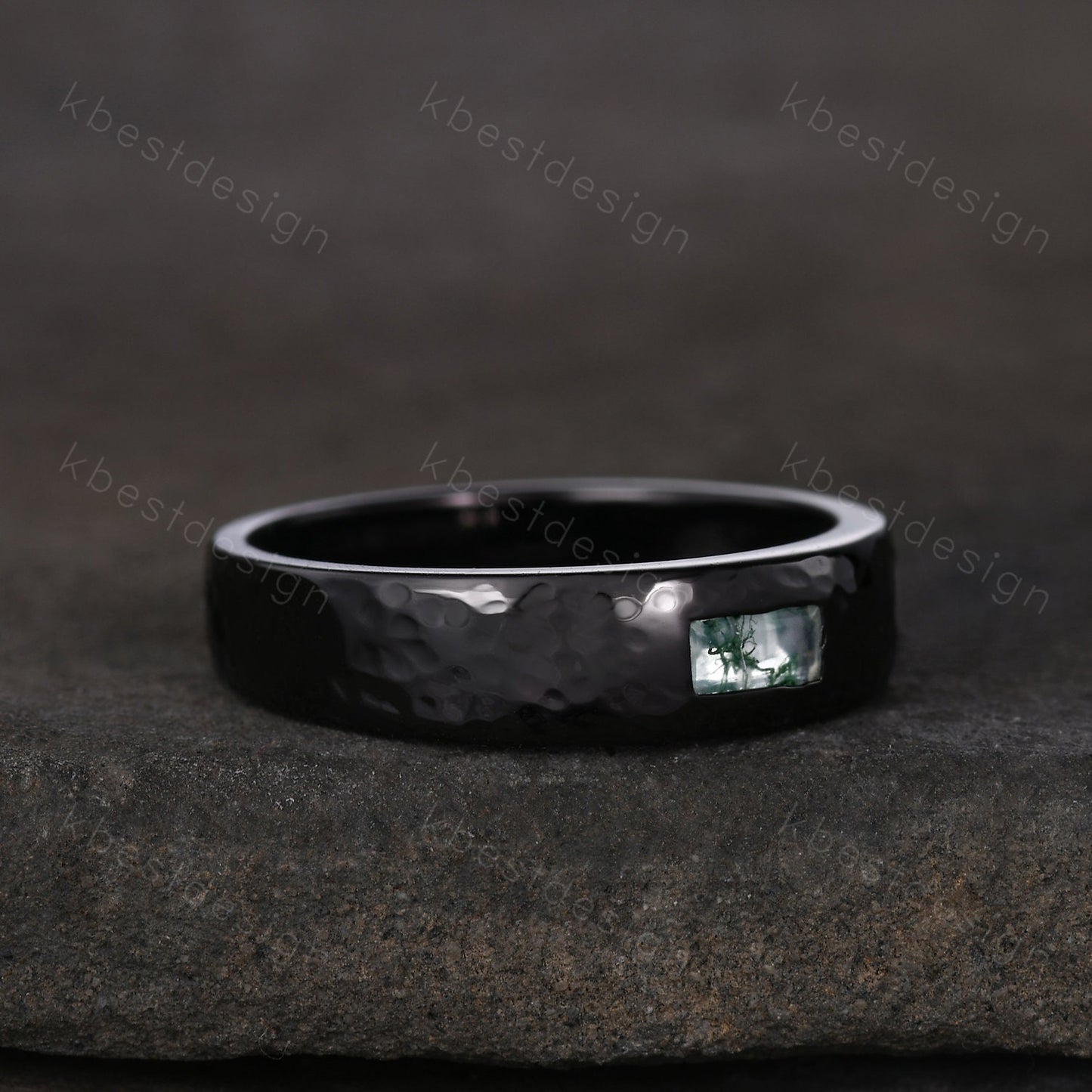 Mens Natural Moss agate Wedding Band 5mm Black Gold Band Baguette Cut Green Agate Band Men's Hammered Wedding Band Anniversary Gift for Him