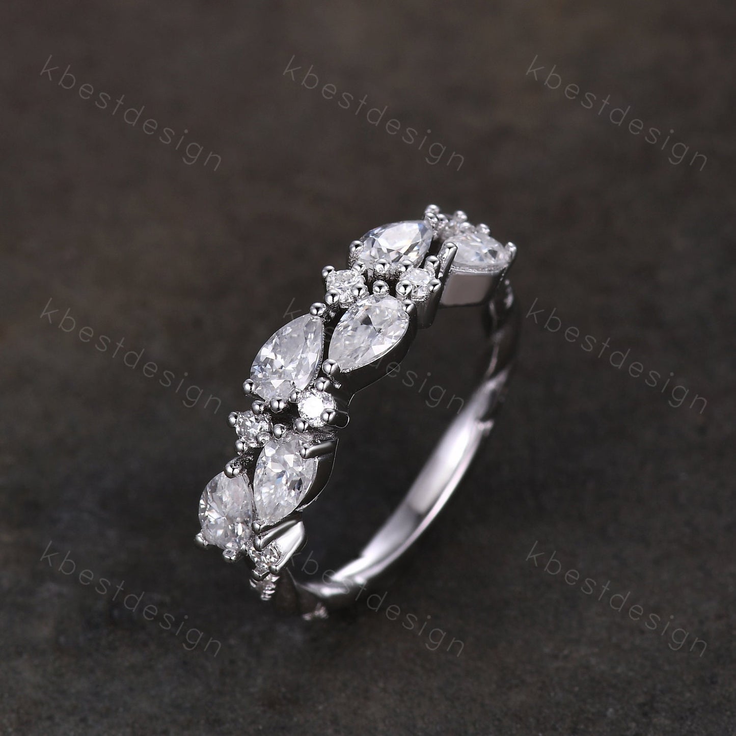 Vintage Moissanite wedding band women Pear cut Half eternity band Sterling silver wedding band Unique Stacking Matching bridal promise ring