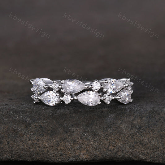 Vintage Moissanite wedding band women Pear cut Half eternity band Sterling silver wedding band Unique Stacking Matching bridal promise ring