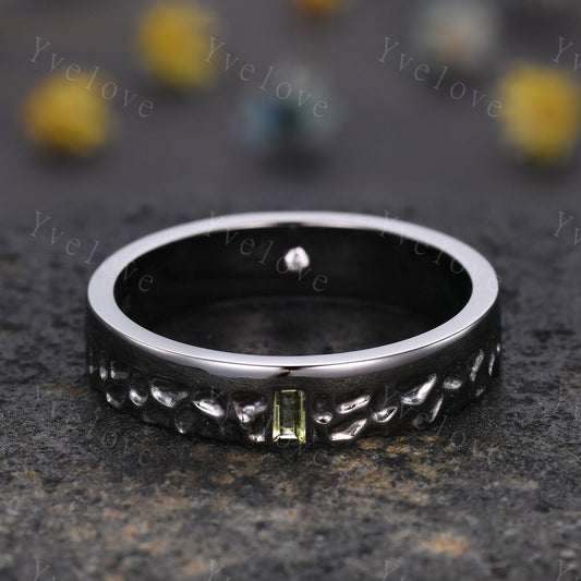 Mens Peridot Wedding Band Baguette Cut Green Peridot Diamond Band Black Gold Mens Hammered Stacking Matching Band Retro Vintage Ring Gift