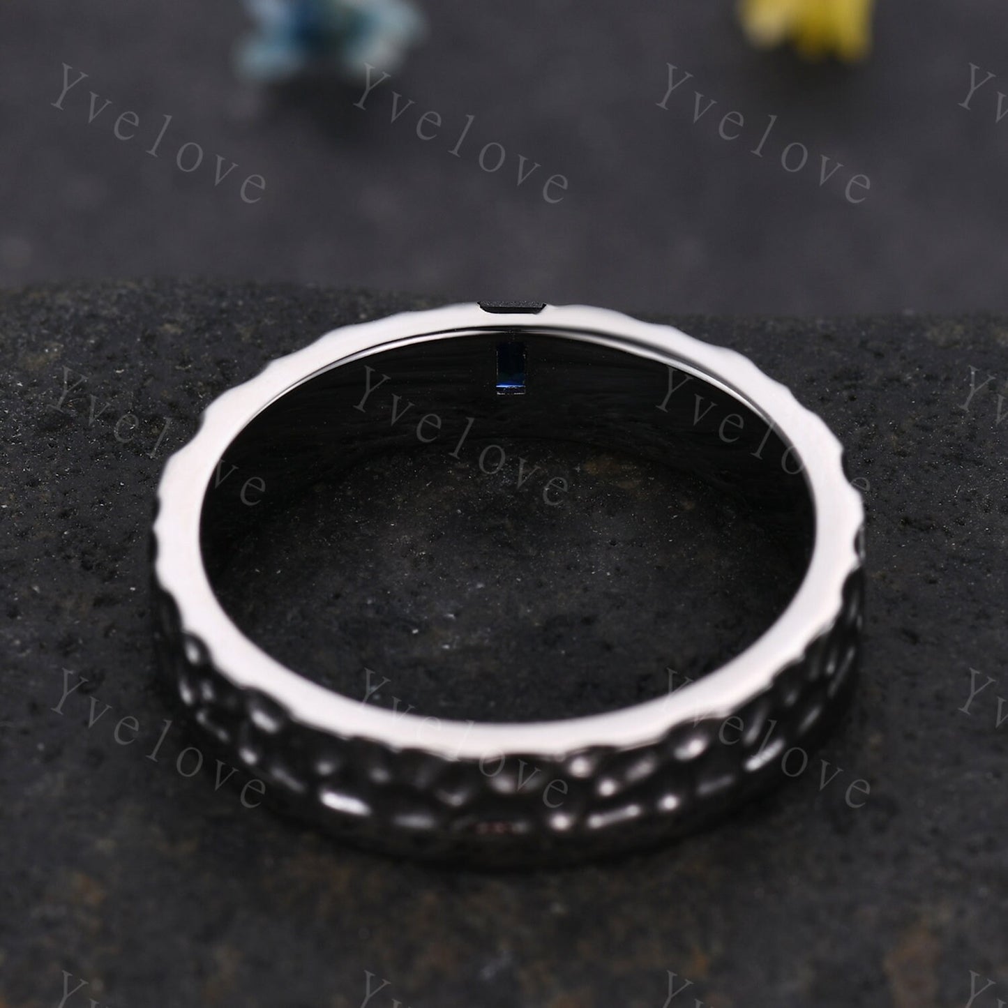Mens Blue Sapphire Wedding Band Baguette Cut Sapphire Diamond Band Black Gold Mens Hammered Stacking Matching Band Retro Vintage Ring Gift