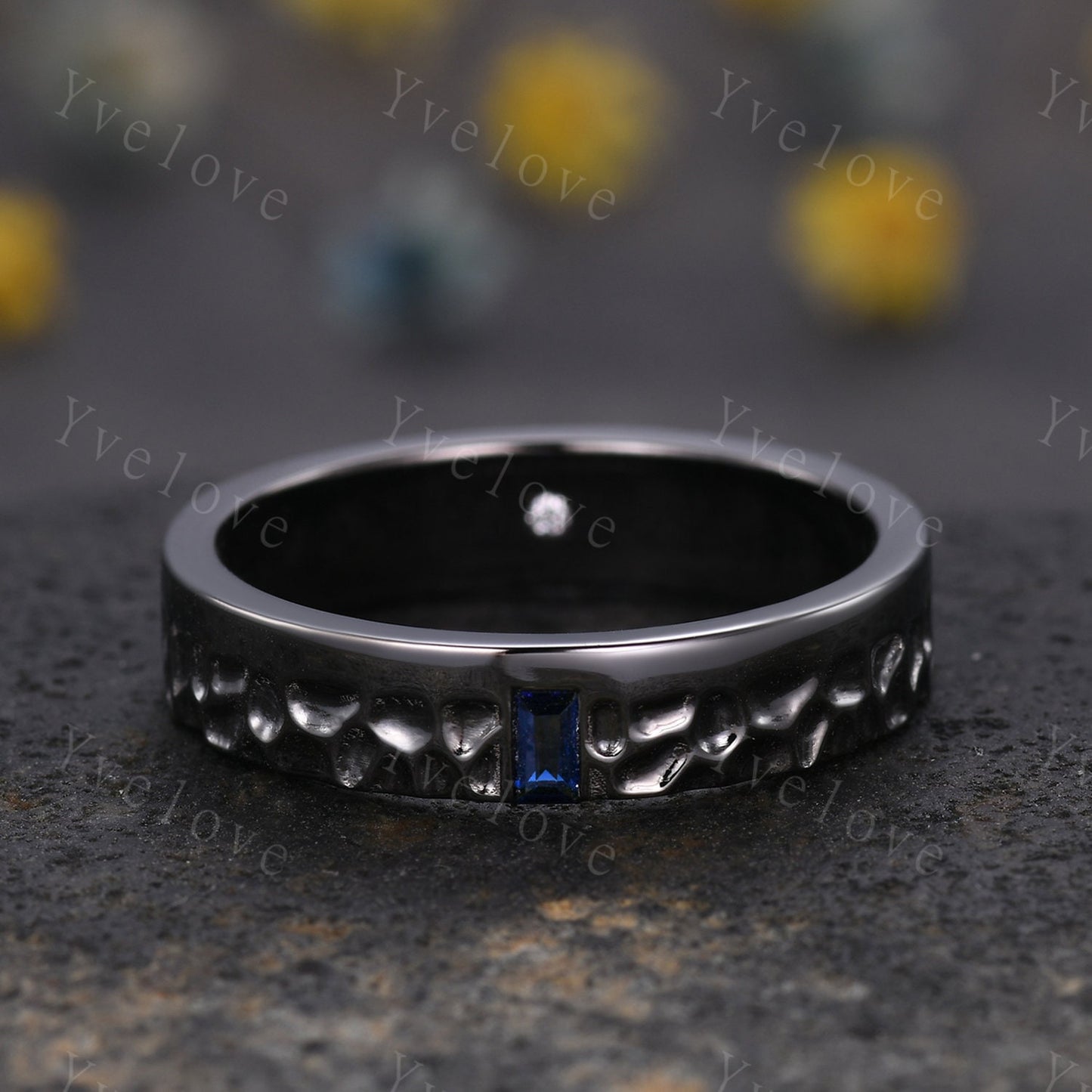 Mens Blue Sapphire Wedding Band Baguette Cut Sapphire Diamond Band Black Gold Mens Hammered Stacking Matching Band Retro Vintage Ring Gift