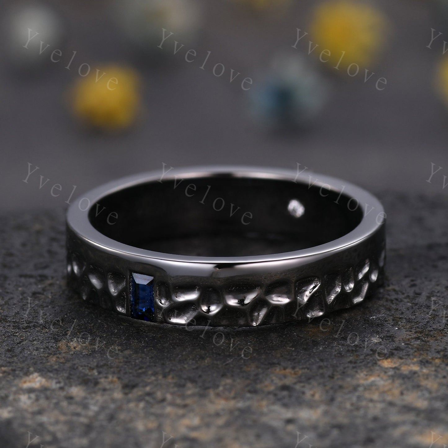 Mens Blue Sapphire Wedding Band Baguette Cut Sapphire Diamond Band Black Gold Mens Hammered Stacking Matching Band Retro Vintage Ring Gift