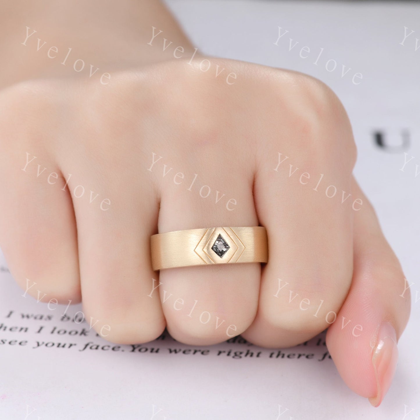 7mm Solid Gold Mens Kite Cut Black Quartz Wedding Band Black Jewelry Engagement Ring Matt Finish Band Mens Stacking Band His Wedding band