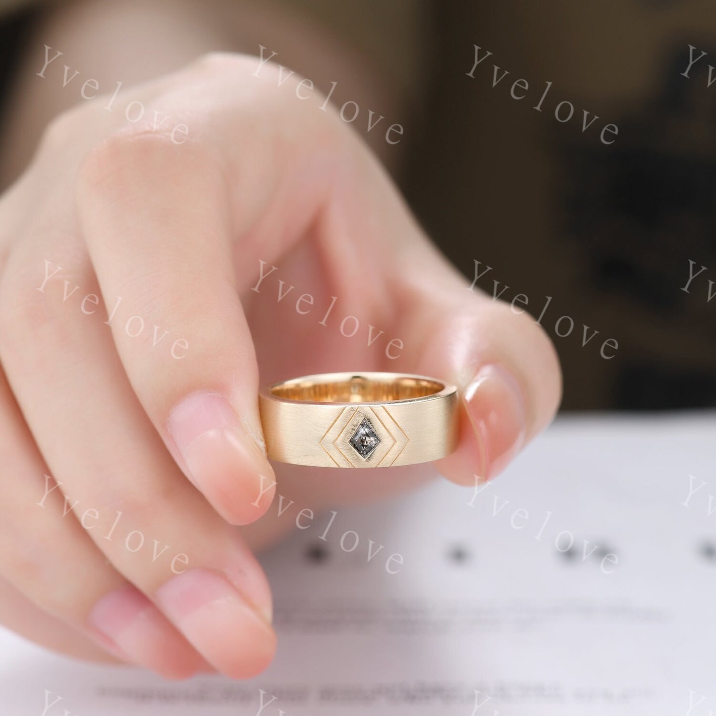 7mm White Gold Mens Kite Cut Black Quartz Wedding Band Black Jewelry Engagement Ring Matt Finish Band Mens Stacking Band His Wedding band