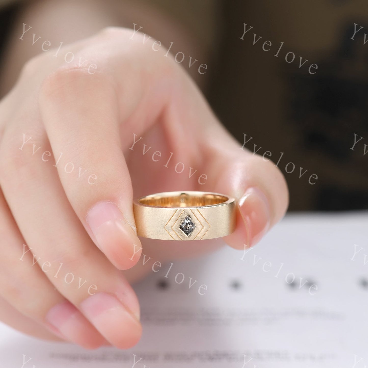 7mm Solid Gold Mens Kite Cut Black Quartz Wedding Band Black Jewelry Engagement Ring Matt Finish Band Mens Stacking Band His Wedding band