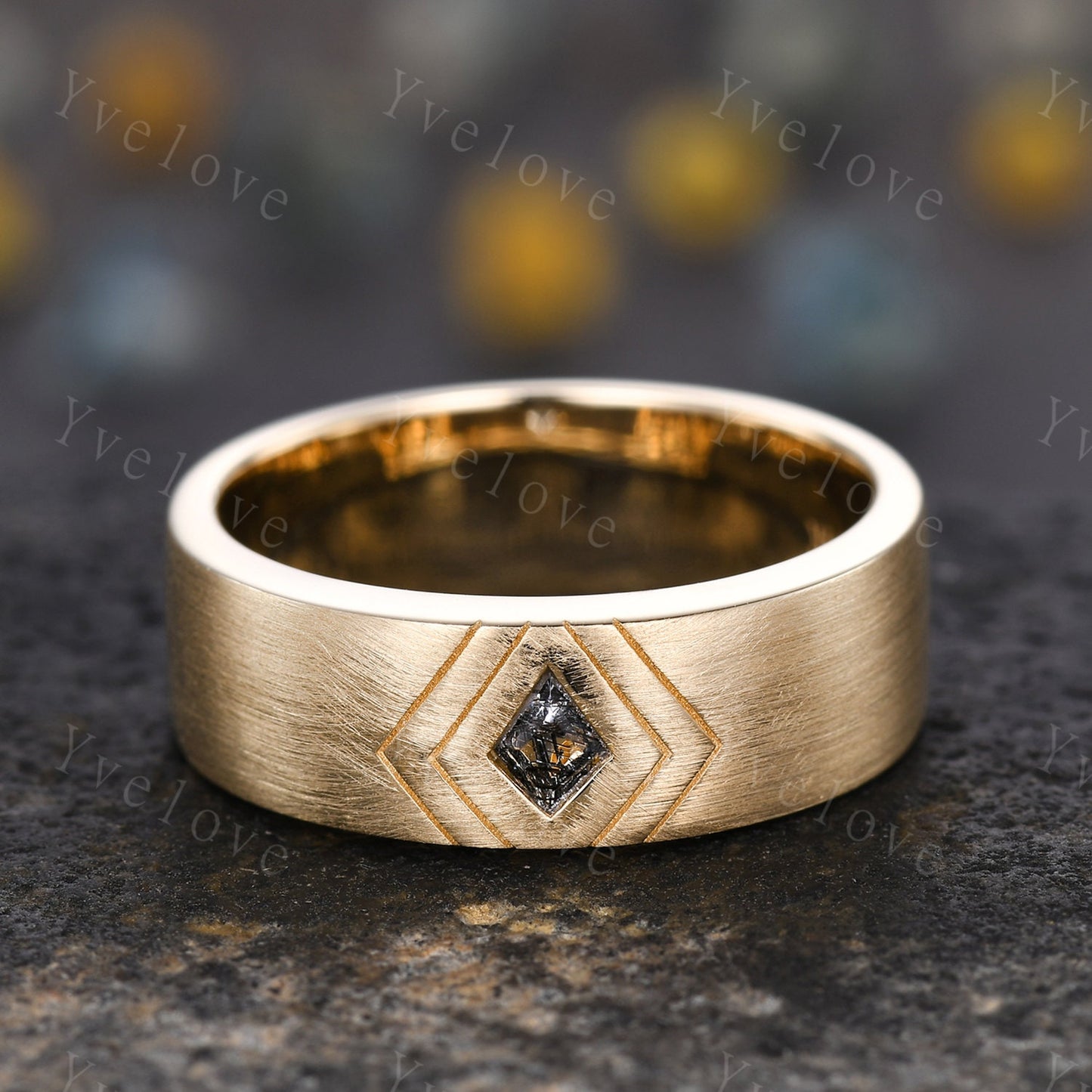 7mm White Gold Mens Kite Cut Black Quartz Wedding Band Black Jewelry Engagement Ring Matt Finish Band Mens Stacking Band His Wedding band