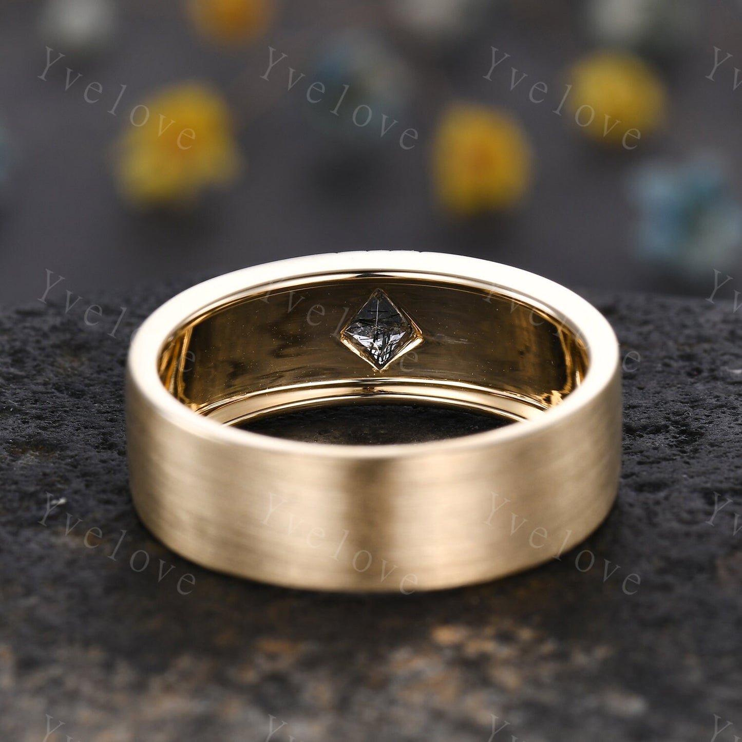 7mm Solid Gold Mens Kite Cut Black Quartz Wedding Band Black Jewelry Engagement Ring Matt Finish Band Mens Stacking Band His Wedding band