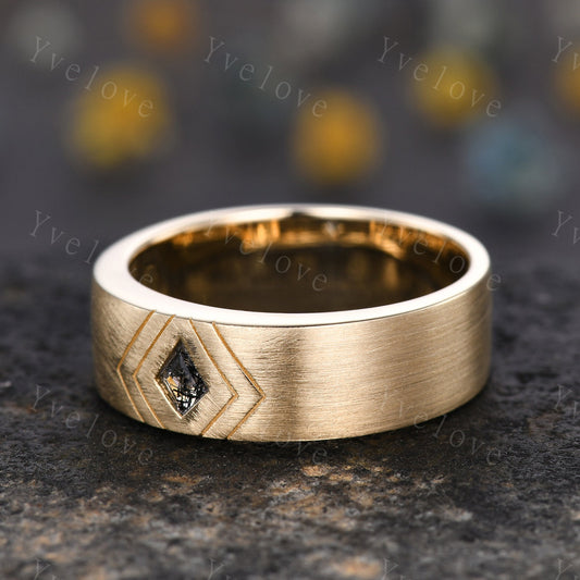 7mm Solid Gold Mens Kite Cut Black Quartz Wedding Band Black Jewelry Engagement Ring Matt Finish Band Mens Stacking Band His Wedding band