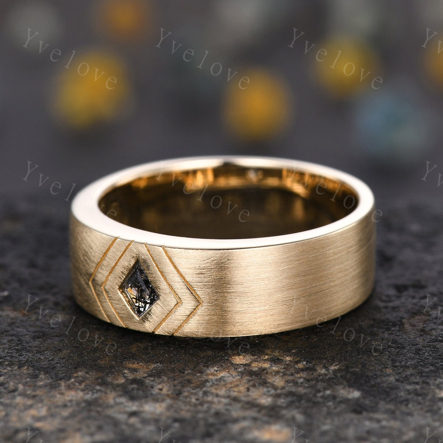 7mm White Gold Mens Kite Cut Black Quartz Wedding Band Black Jewelry Engagement Ring Matt Finish Band Mens Stacking Band His Wedding band