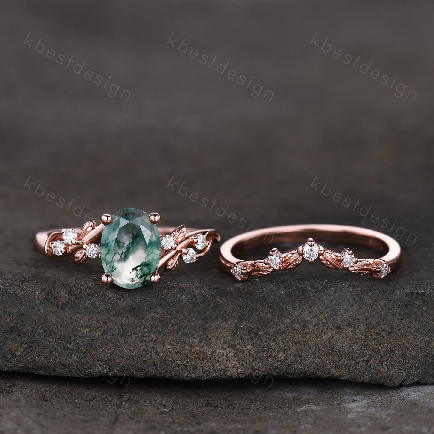 Vintage oval moss agate engagement ring set rose gold twig leaf moissanite ring nature branch ring unique art deco bridal wedding ring set