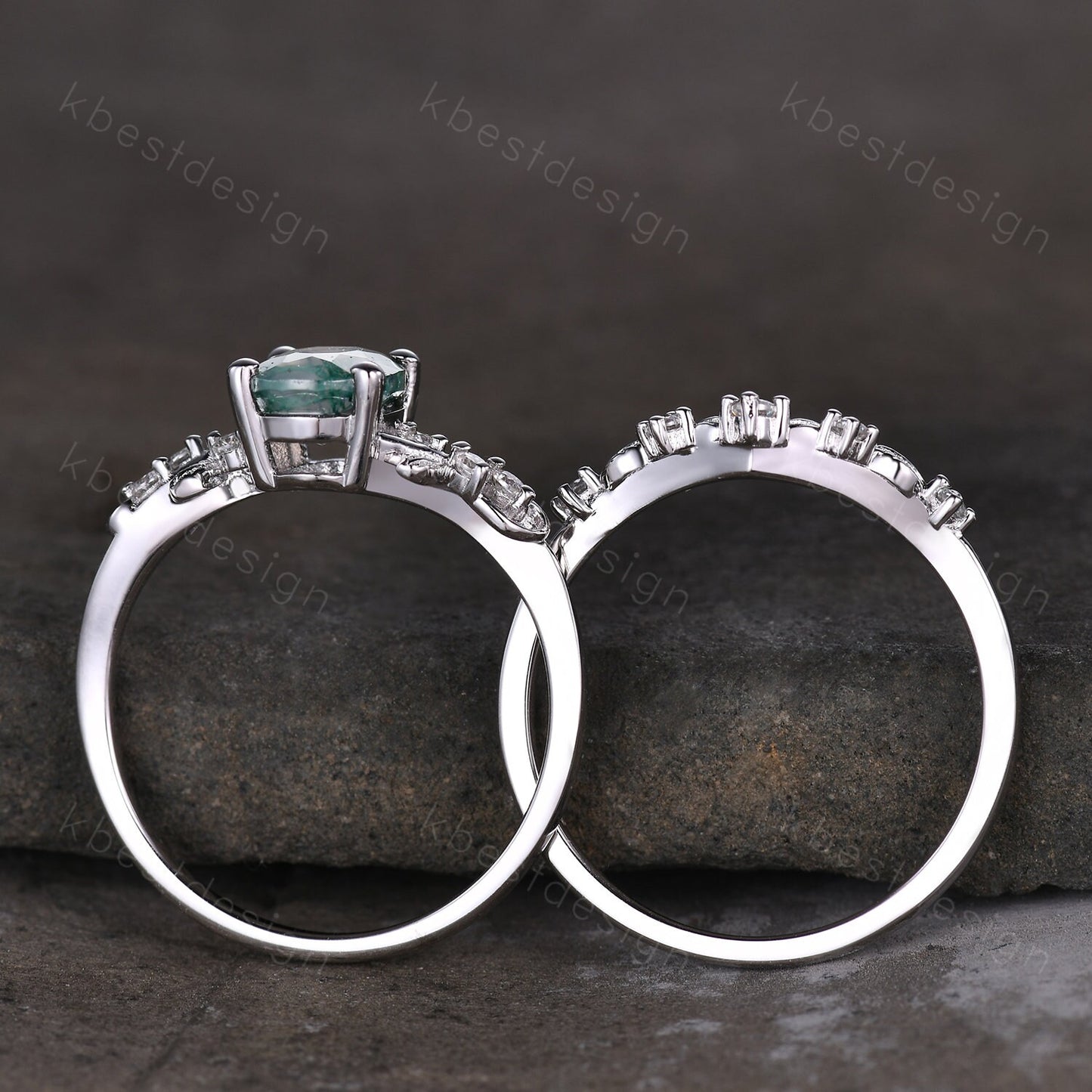 Vintage oval moss agate engagement ring set silver ring twig leaf moissanite ring nature branch ring unique art deco bridal wedding ring set