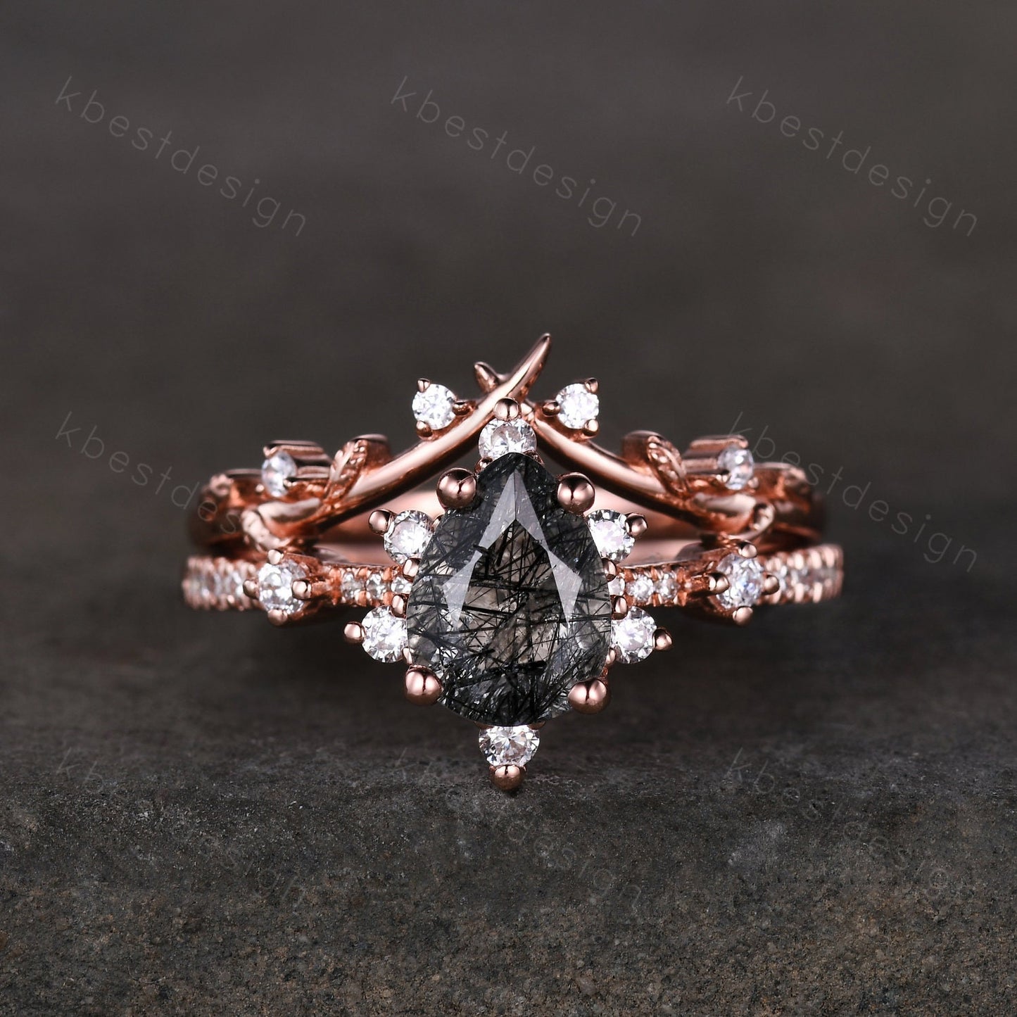 Pear cut black rutilated quartz engagement ring rose gold ring art deco twig leaf stacking band branch ring unique moissanite wedding set
