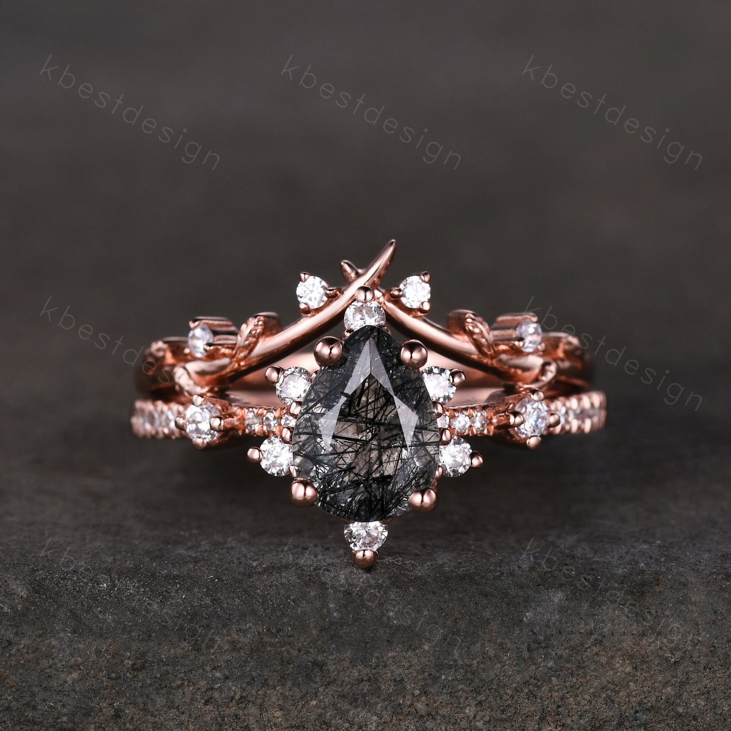 Pear cut black rutilated quartz engagement ring rose gold ring art deco twig leaf stacking band branch ring unique moissanite wedding set