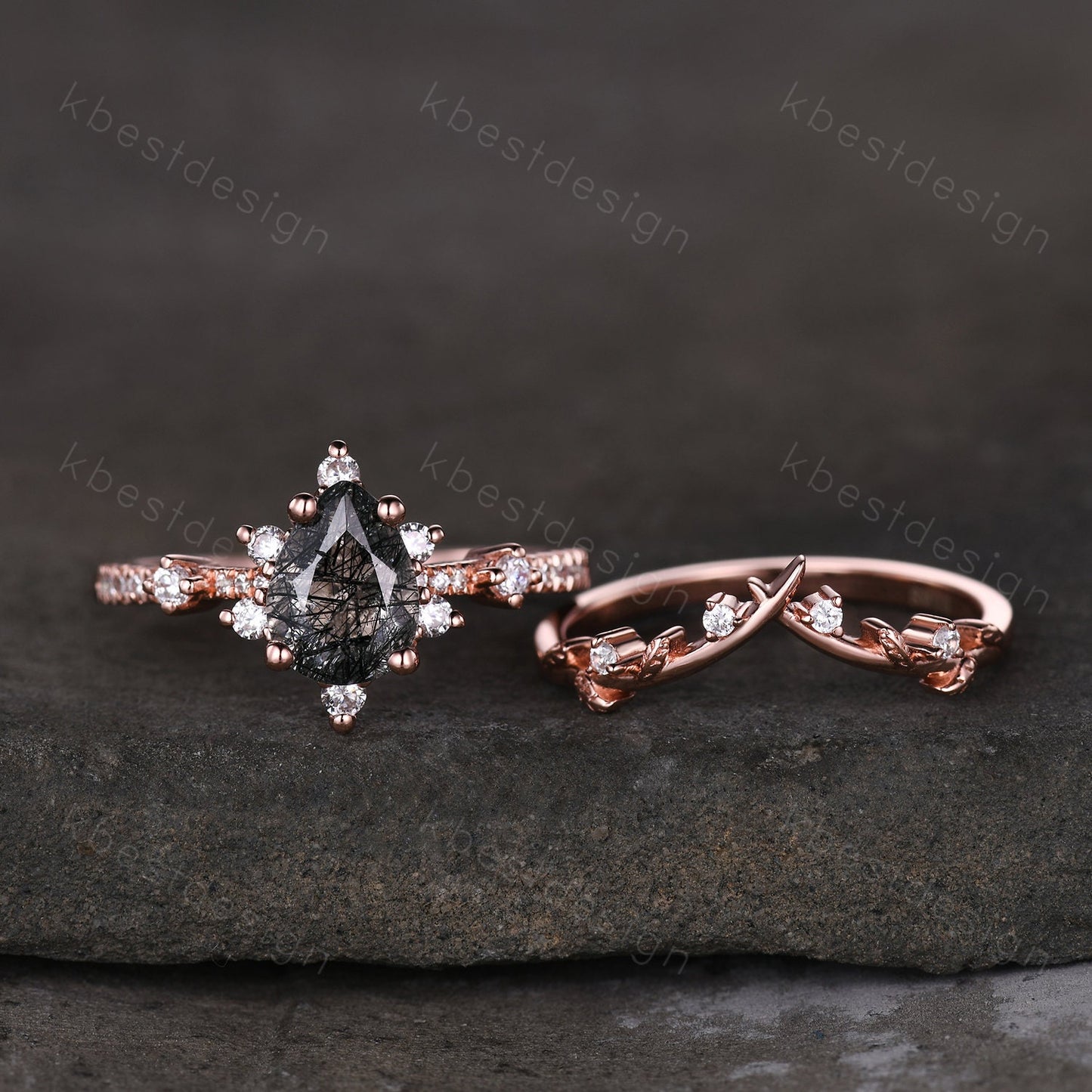 Pear cut black rutilated quartz engagement ring rose gold ring art deco twig leaf stacking band branch ring unique moissanite wedding set