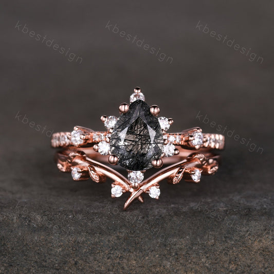 Pear cut black rutilated quartz engagement ring rose gold ring art deco twig leaf stacking band branch ring unique moissanite wedding set