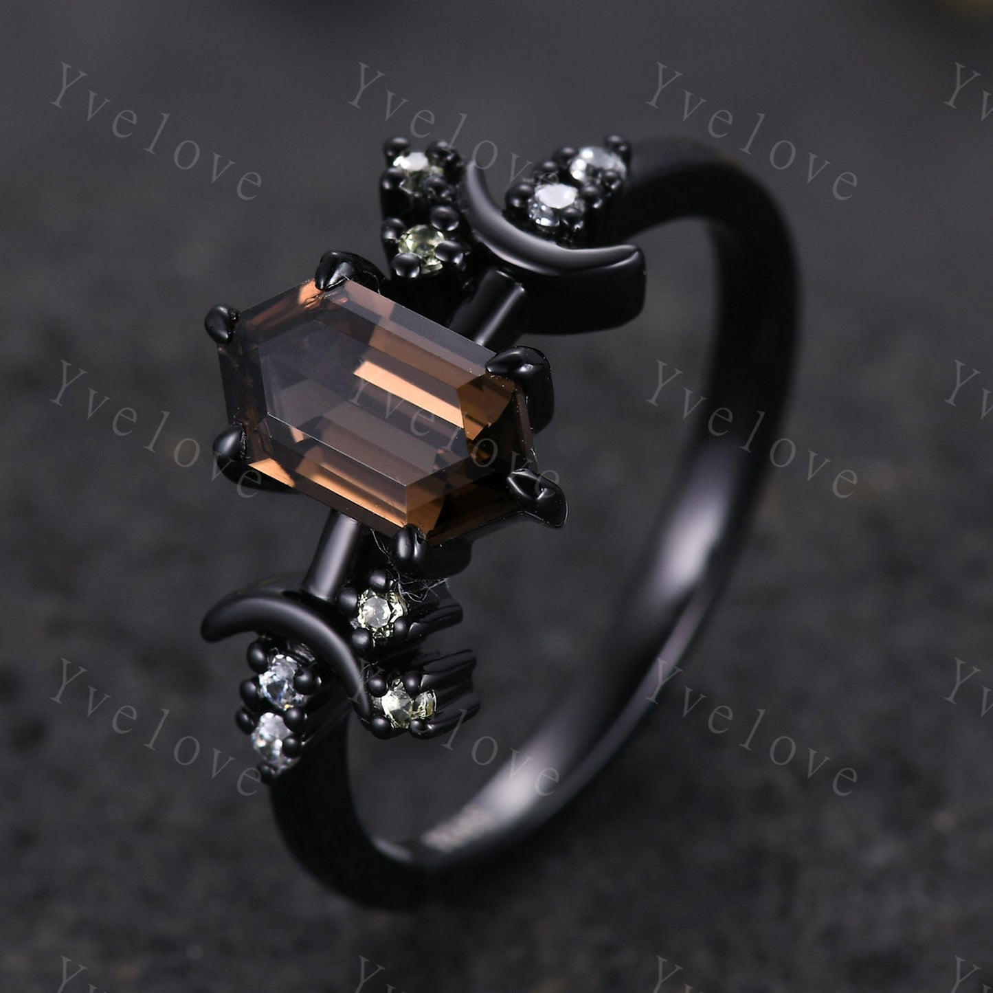 Retro Hexagon Shaped Smoky Quartz Engagement Ring Black Gold Peridot Diamond Ring Moon Star Celestial Ring Unique Asymmetrical Promise Ring