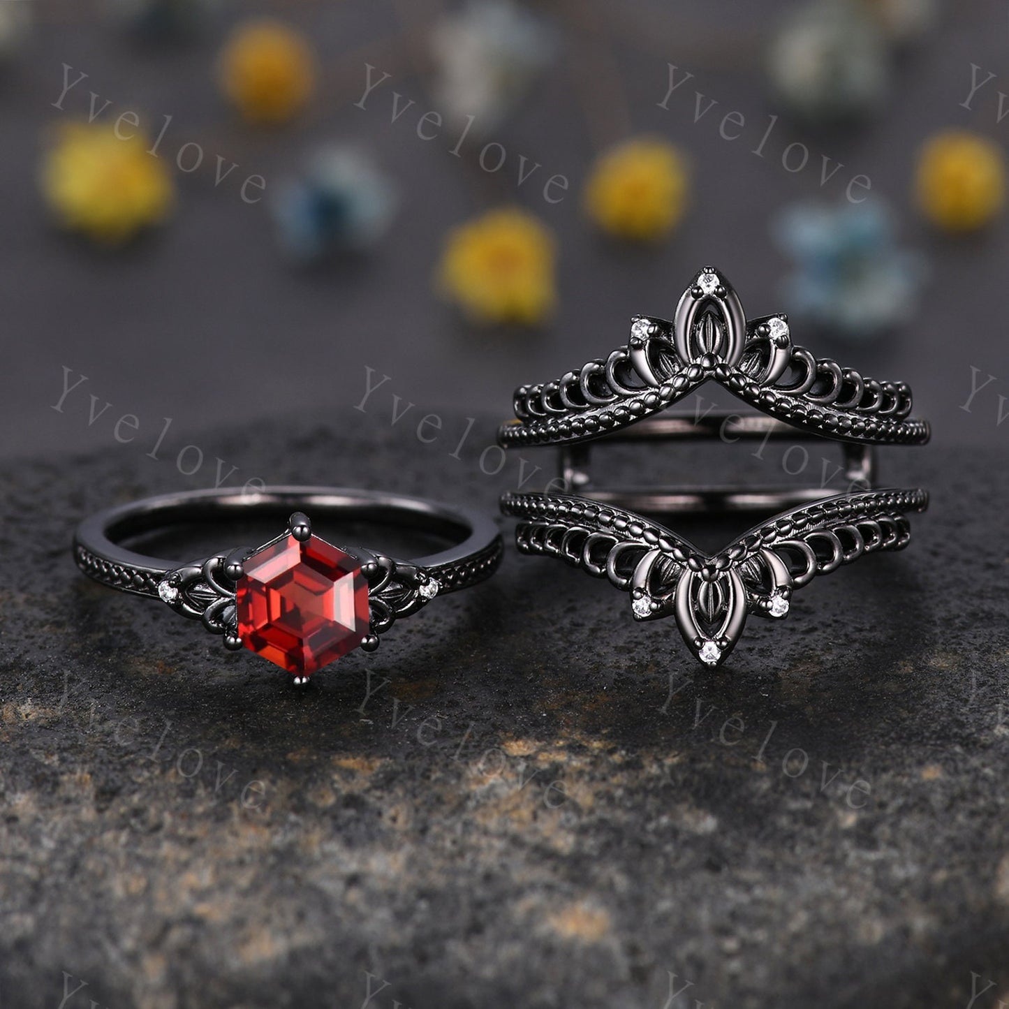 Vintage Black Gold Hexagon Cut Red Garnet Engagement Ring Set Unique Bridal Set,Diamond Ring Dark Promise Wedding Set,Celtic Enhancer Band