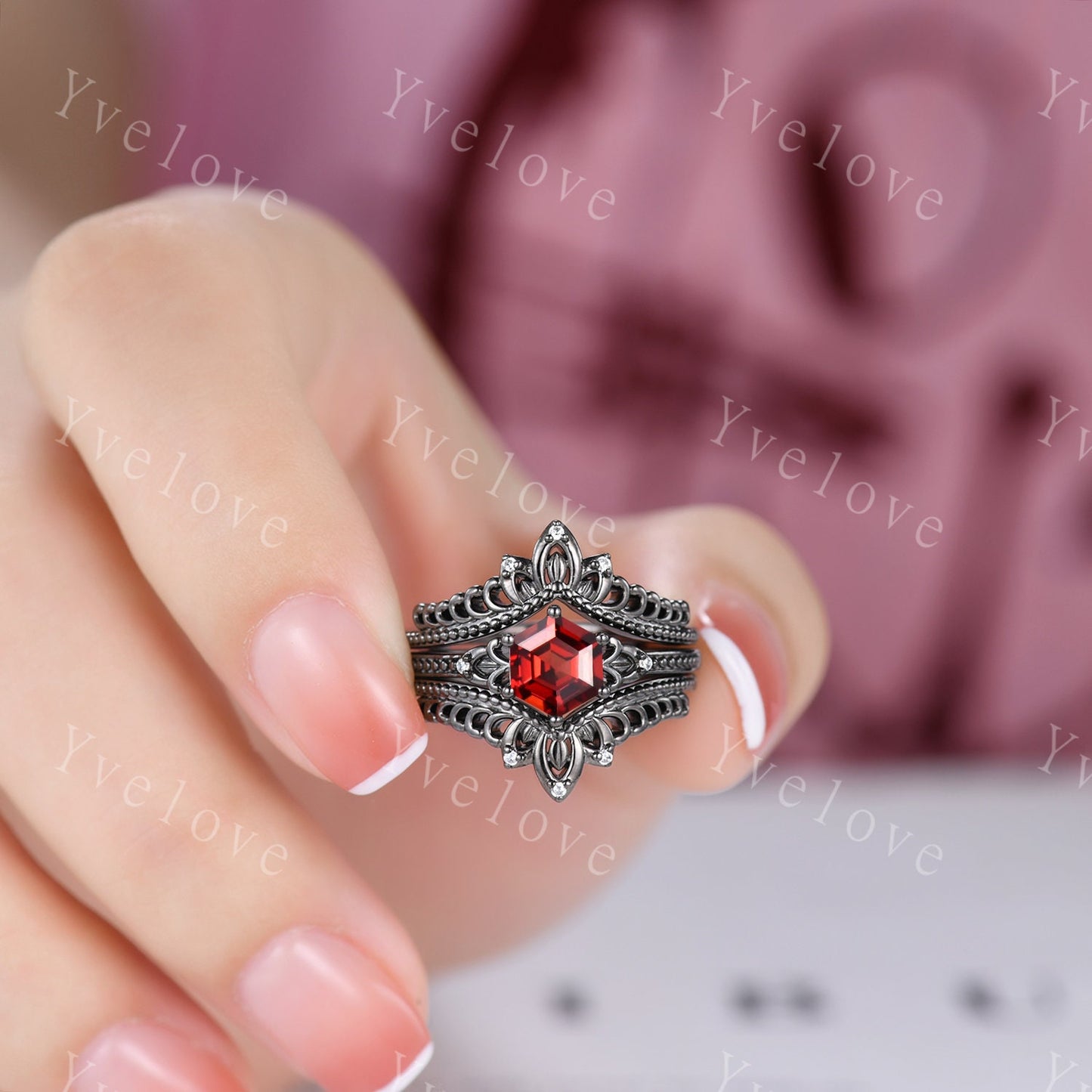 Vintage Black Gold Hexagon Cut Red Garnet Engagement Ring Set Unique Bridal Set,Diamond Ring Dark Promise Wedding Set,Celtic Enhancer Band