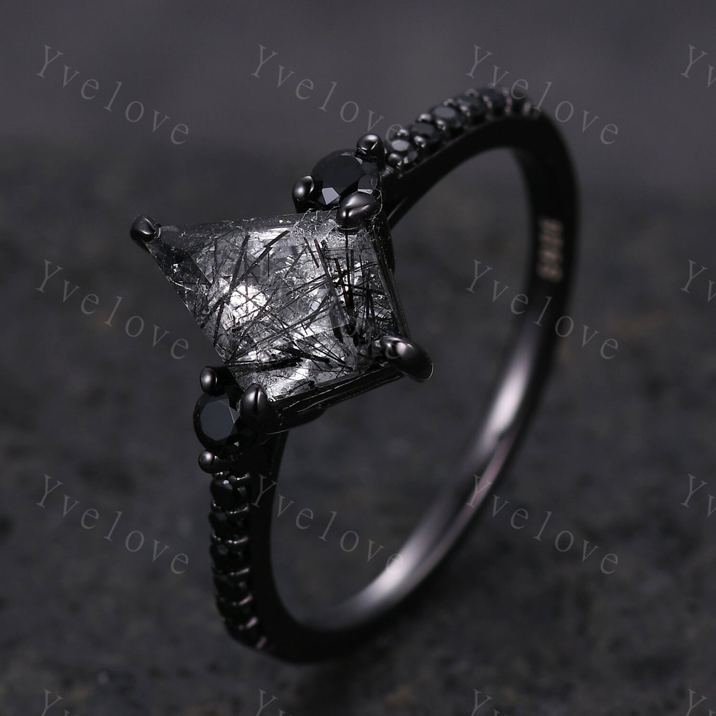 Dainty Kite Black Quartz Rutilated Engagement Ring Antique Black Gold Ring Black Gemstone Ring Bridal Ring Anniversary Ring Handmade Gift